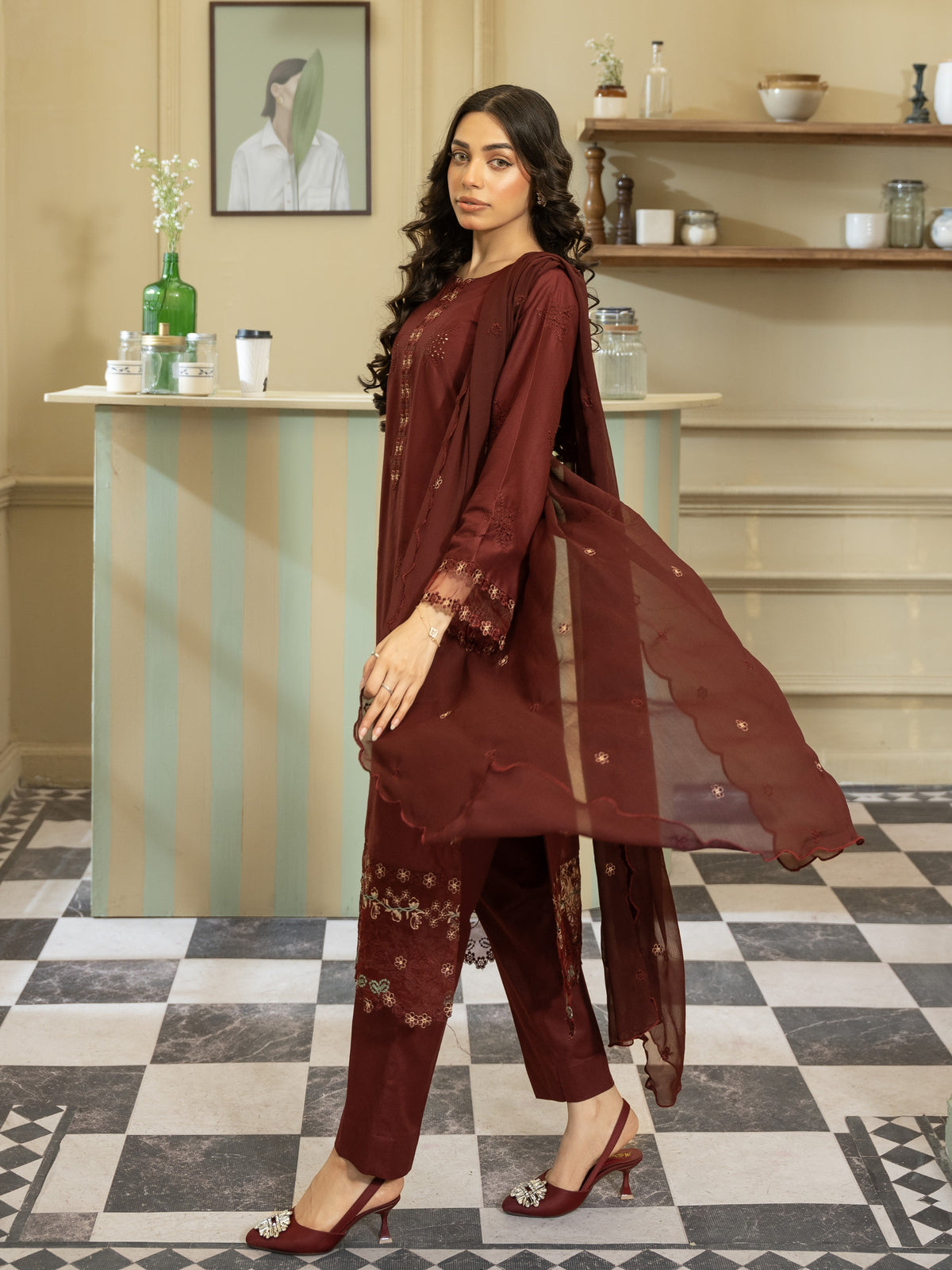 Maroon Embroidered Lawn 3pc Suit