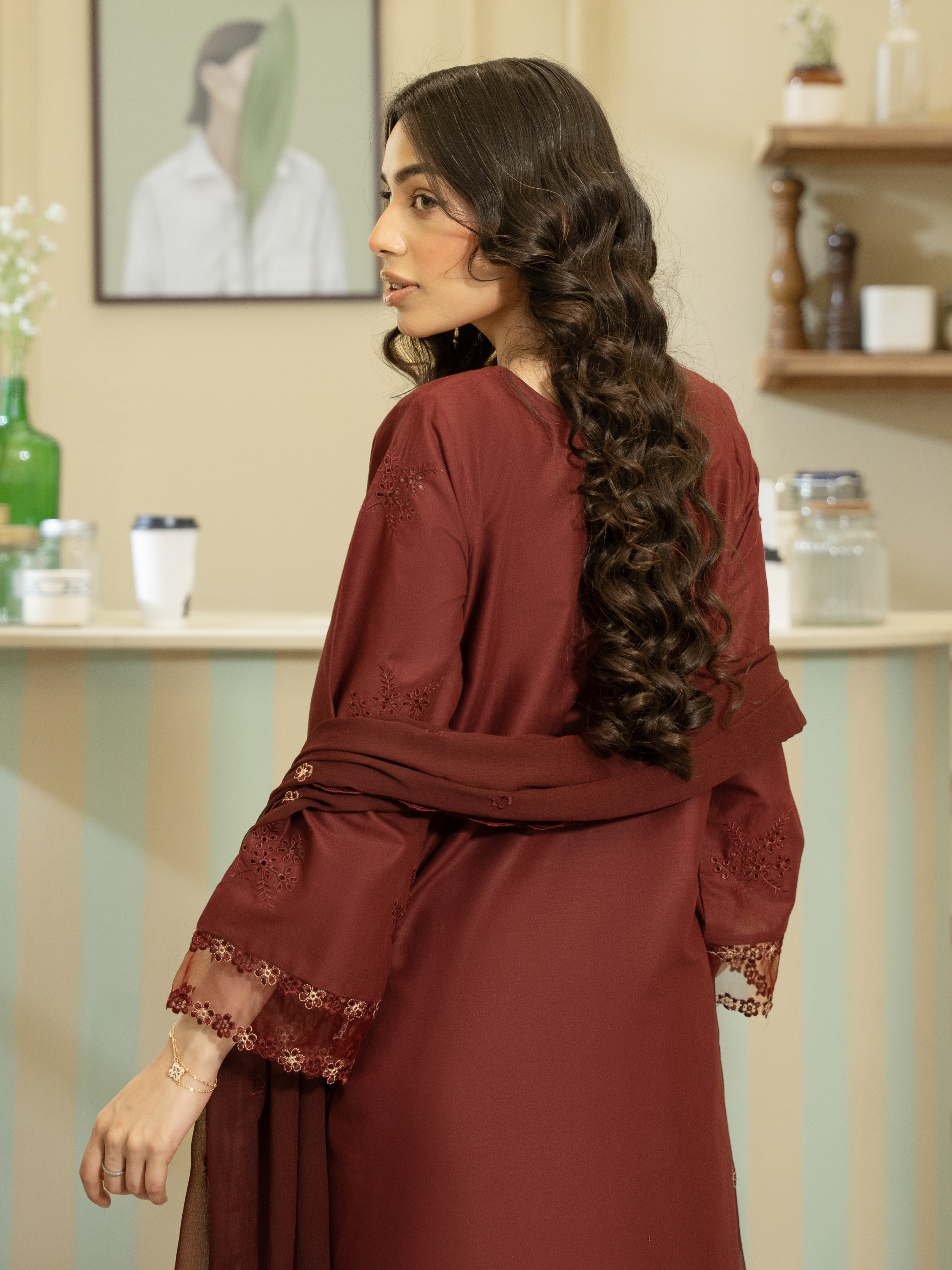 Maroon Embroidered Lawn 3pc Suit