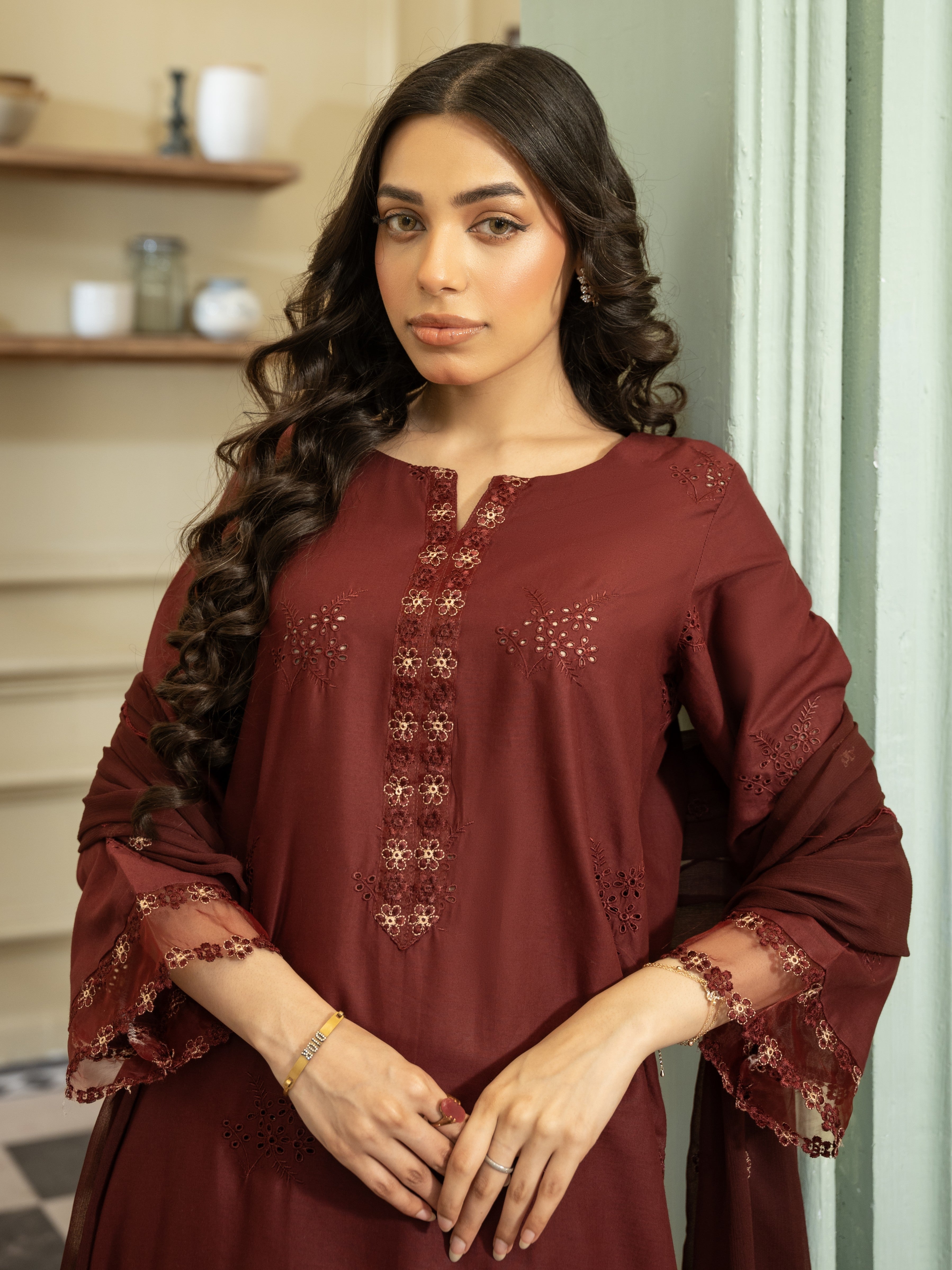 Maroon Embroidered Lawn 3pc Suit
