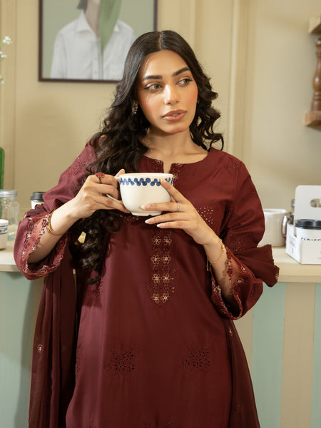 Maroon Embroidered Lawn 3pc Suit