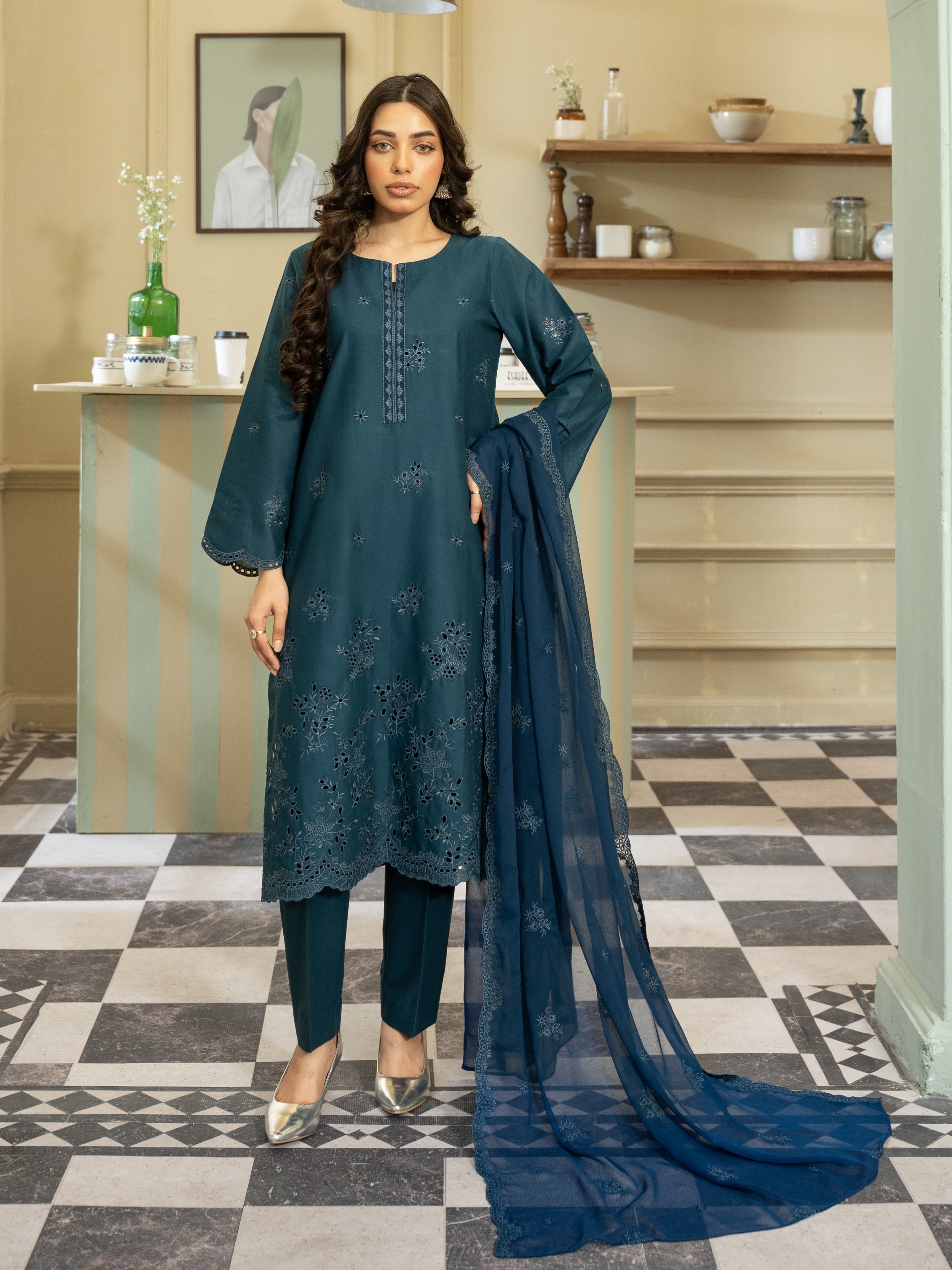 Teal Embroidered Lawn 3pc Suit