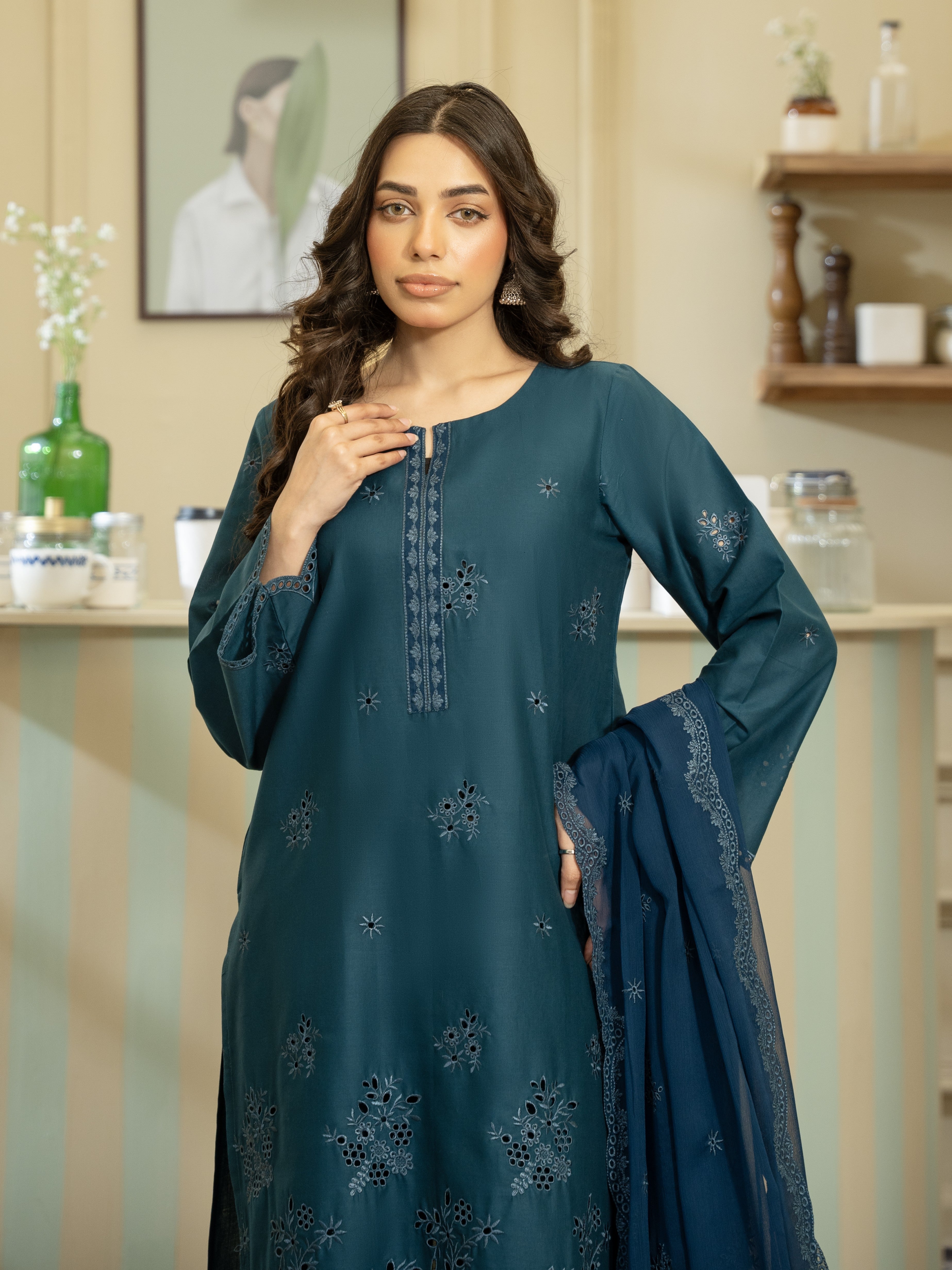 Teal Embroidered Lawn 3pc Suit