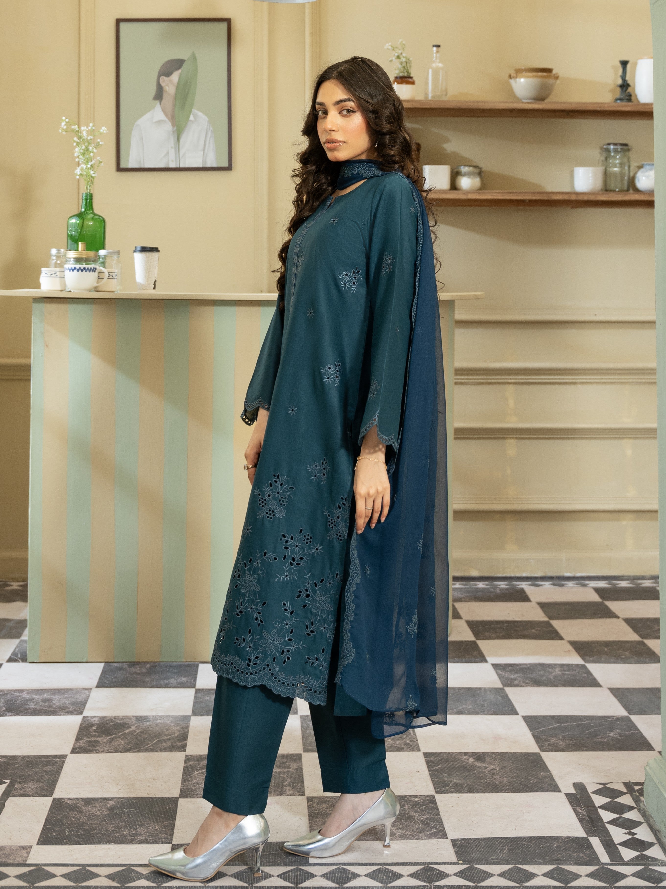 Teal Embroidered Lawn 3pc Suit