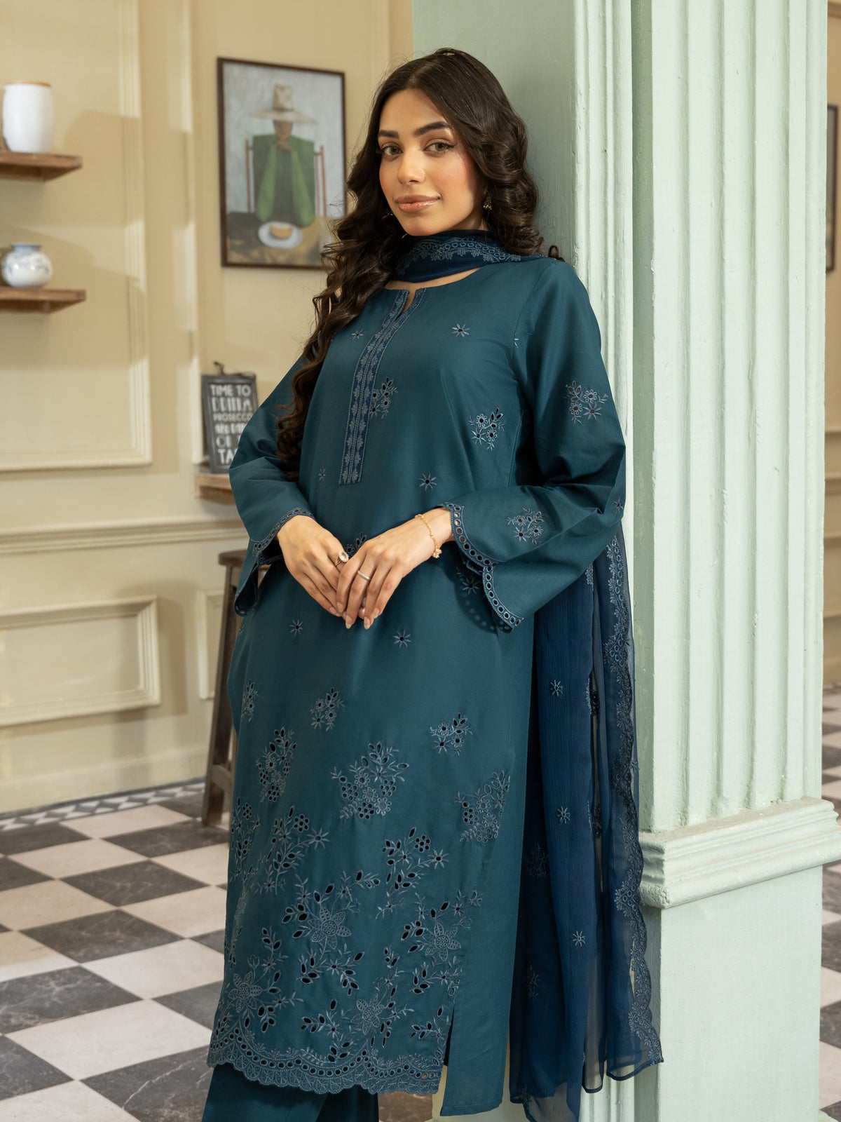 Teal Embroidered Lawn 3pc Suit