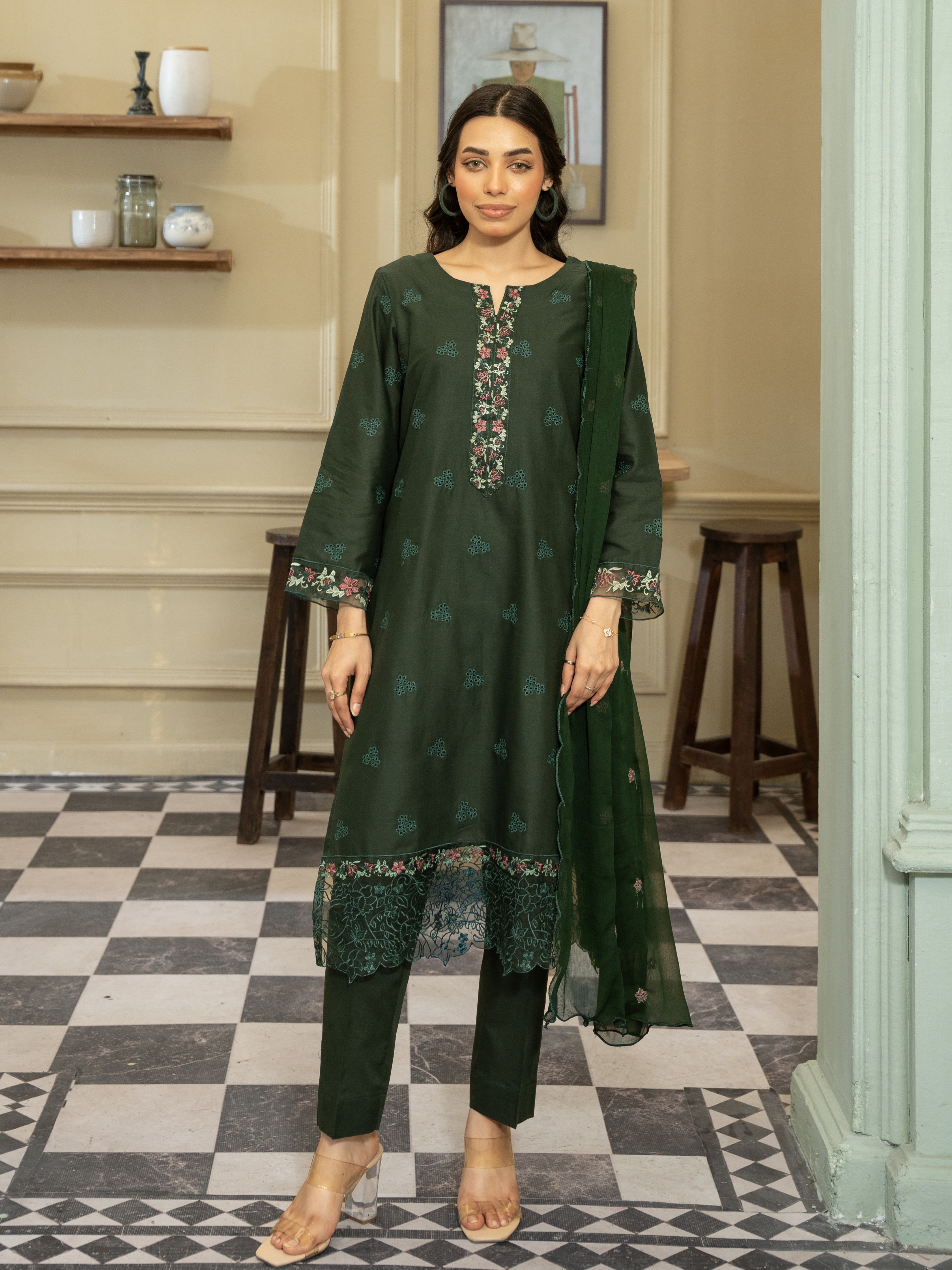 Emerald Green Embroidered Lawn 3pc Suit