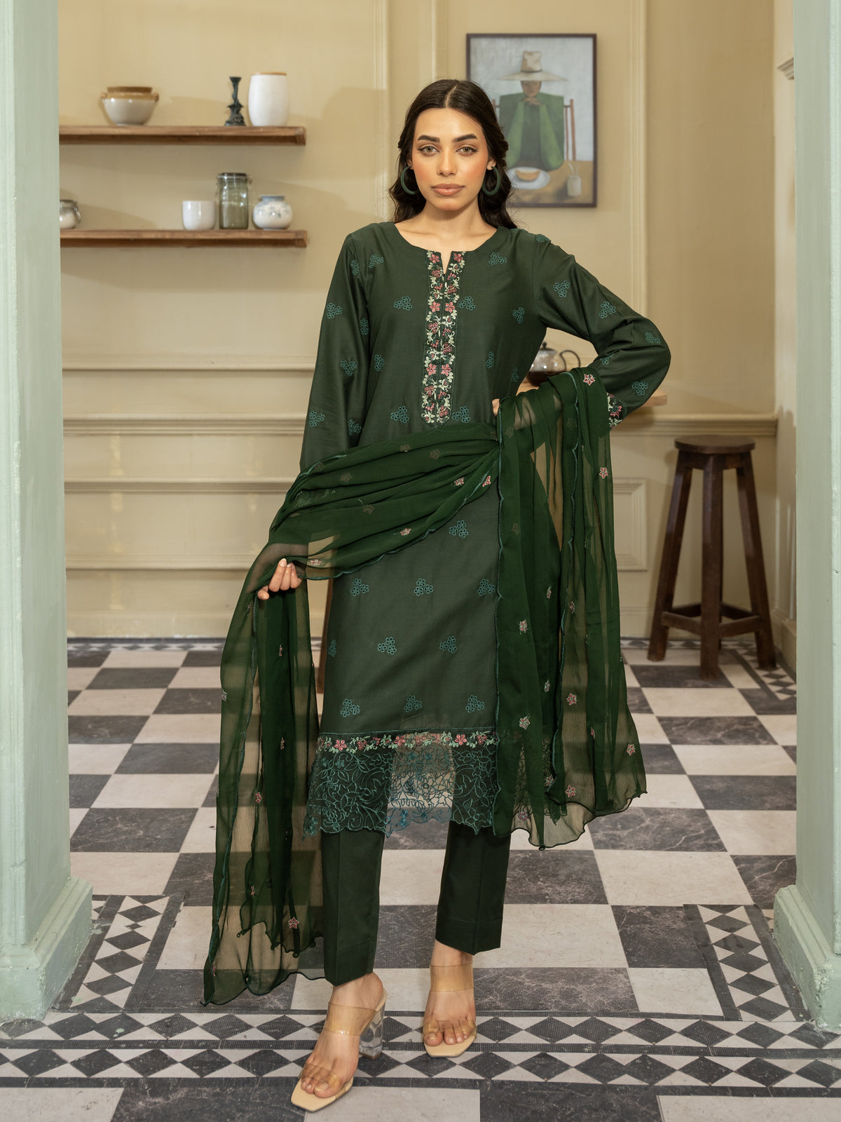 Emerald Green Embroidered Lawn 3pc Suit