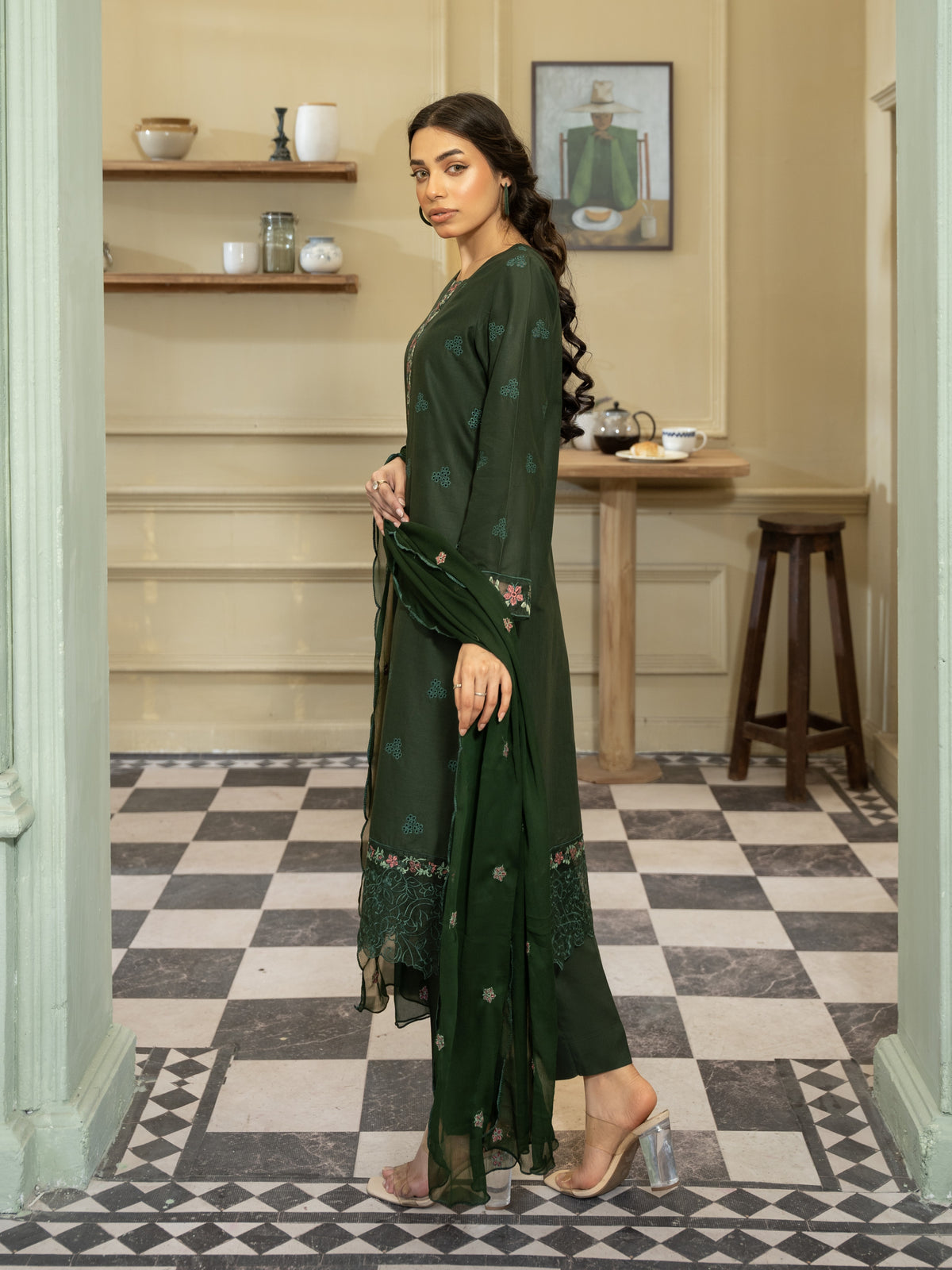 Emerald Green Embroidered Lawn 3pc Suit