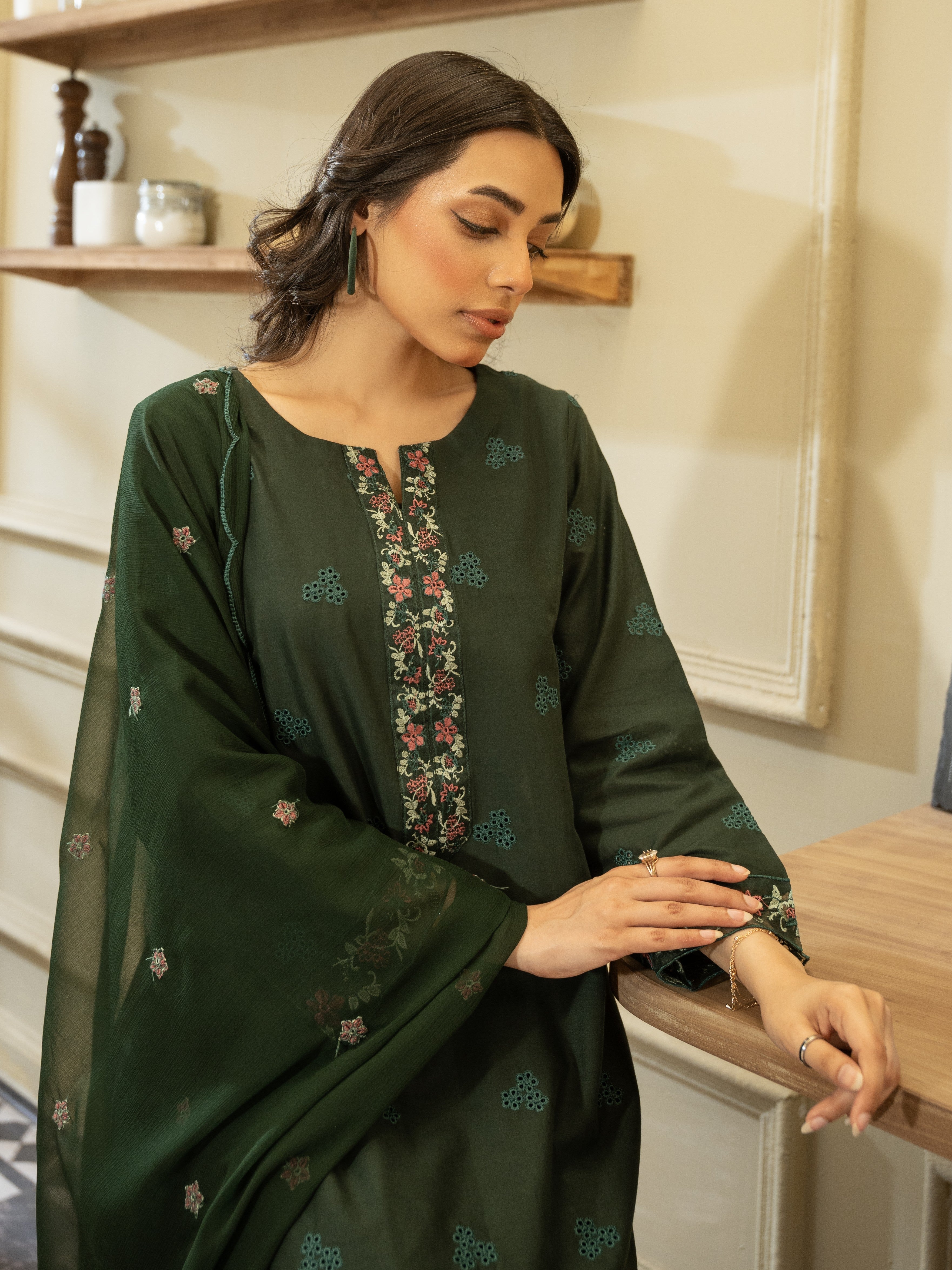 Emerald Green Embroidered Lawn 3pc Suit