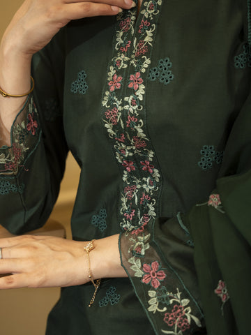 Bottle Green-3pc Chikankari Lawn Suit
