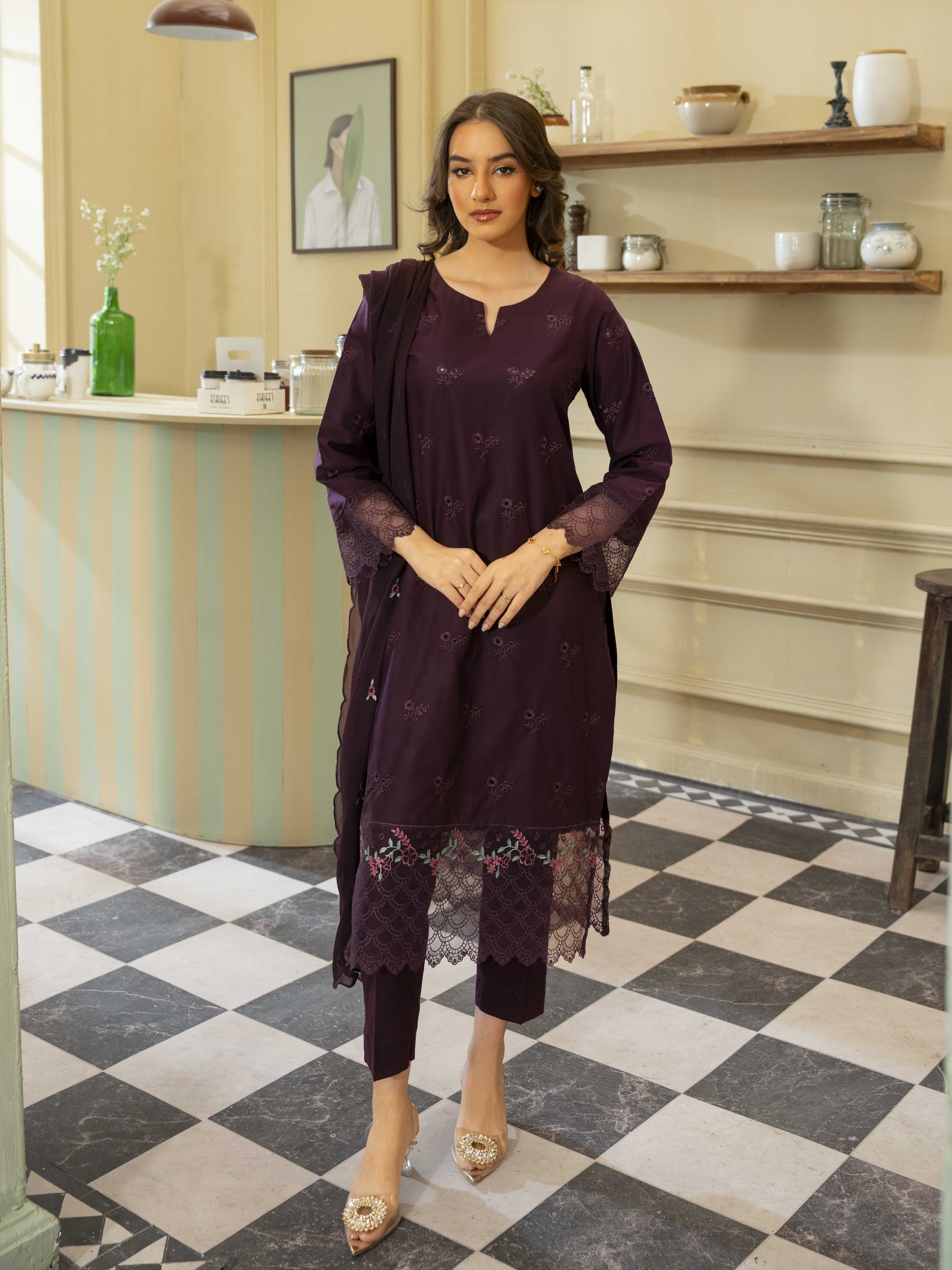 Plum Embroidered Lawn 3pc Suit