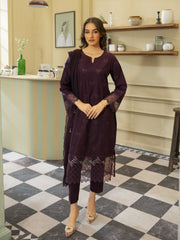 Plum Embroidered Lawn 3pc Suit