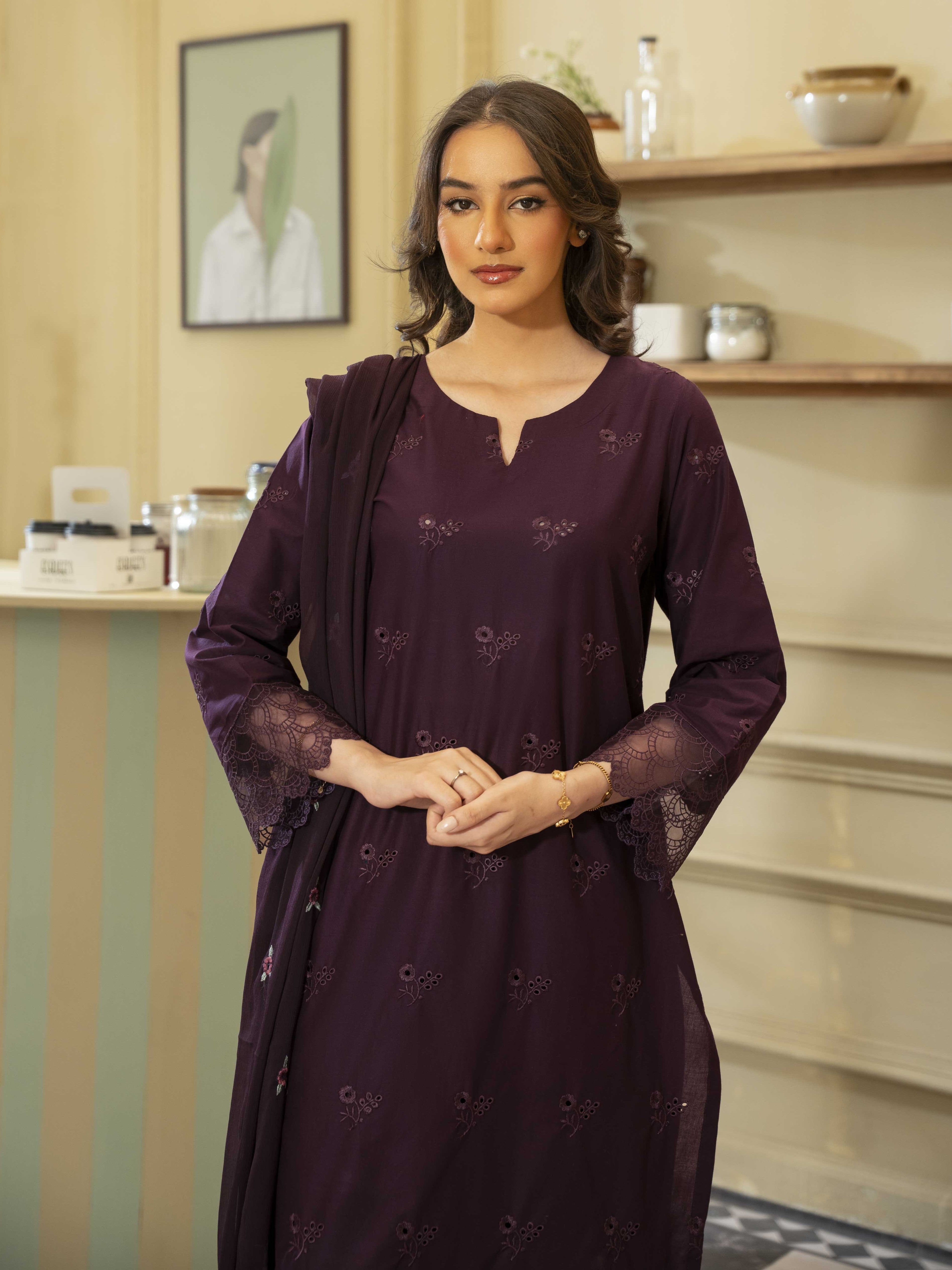 Plum Embroidered Lawn 3pc Suit