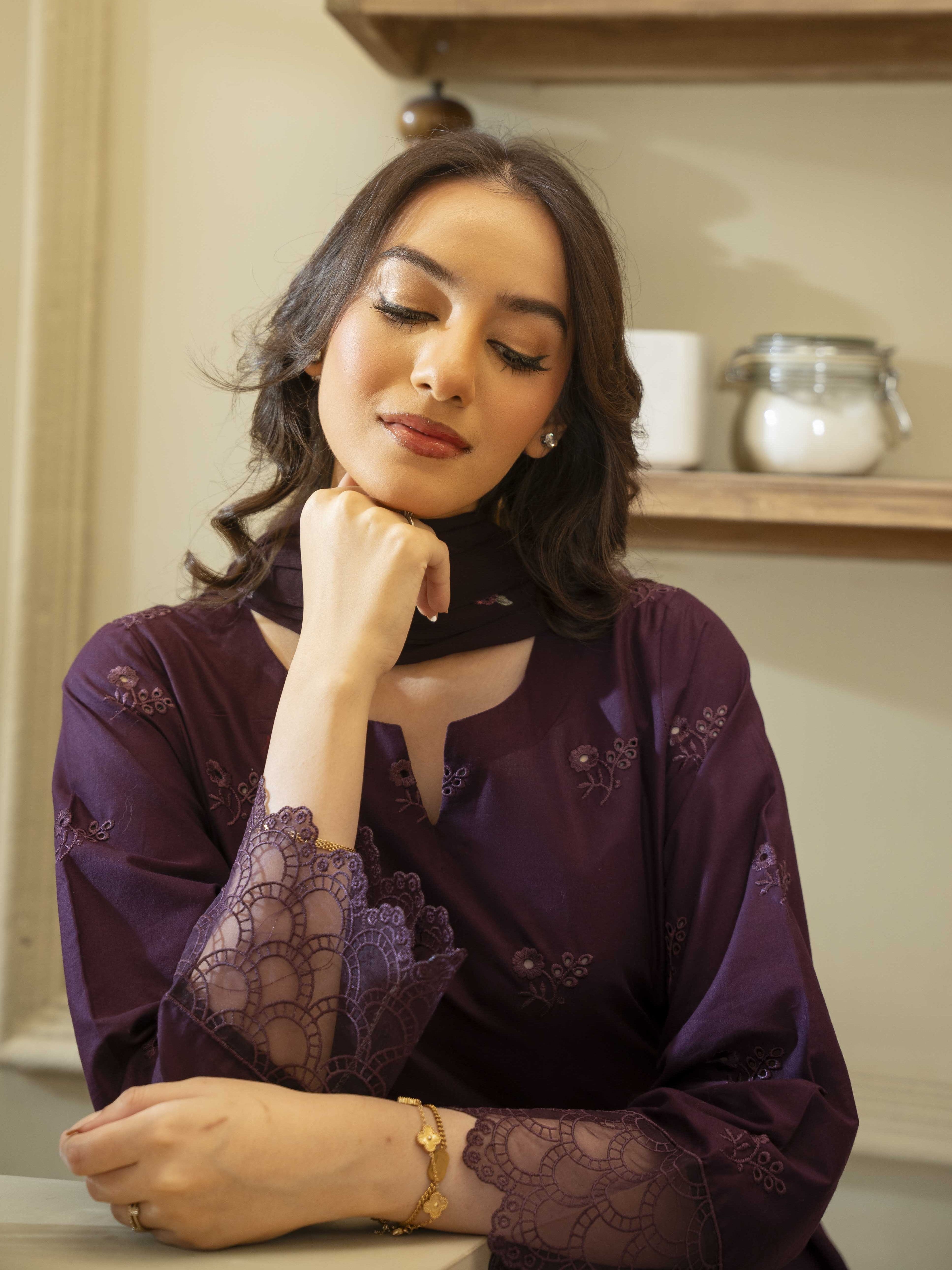 Plum Embroidered Lawn 3pc Suit