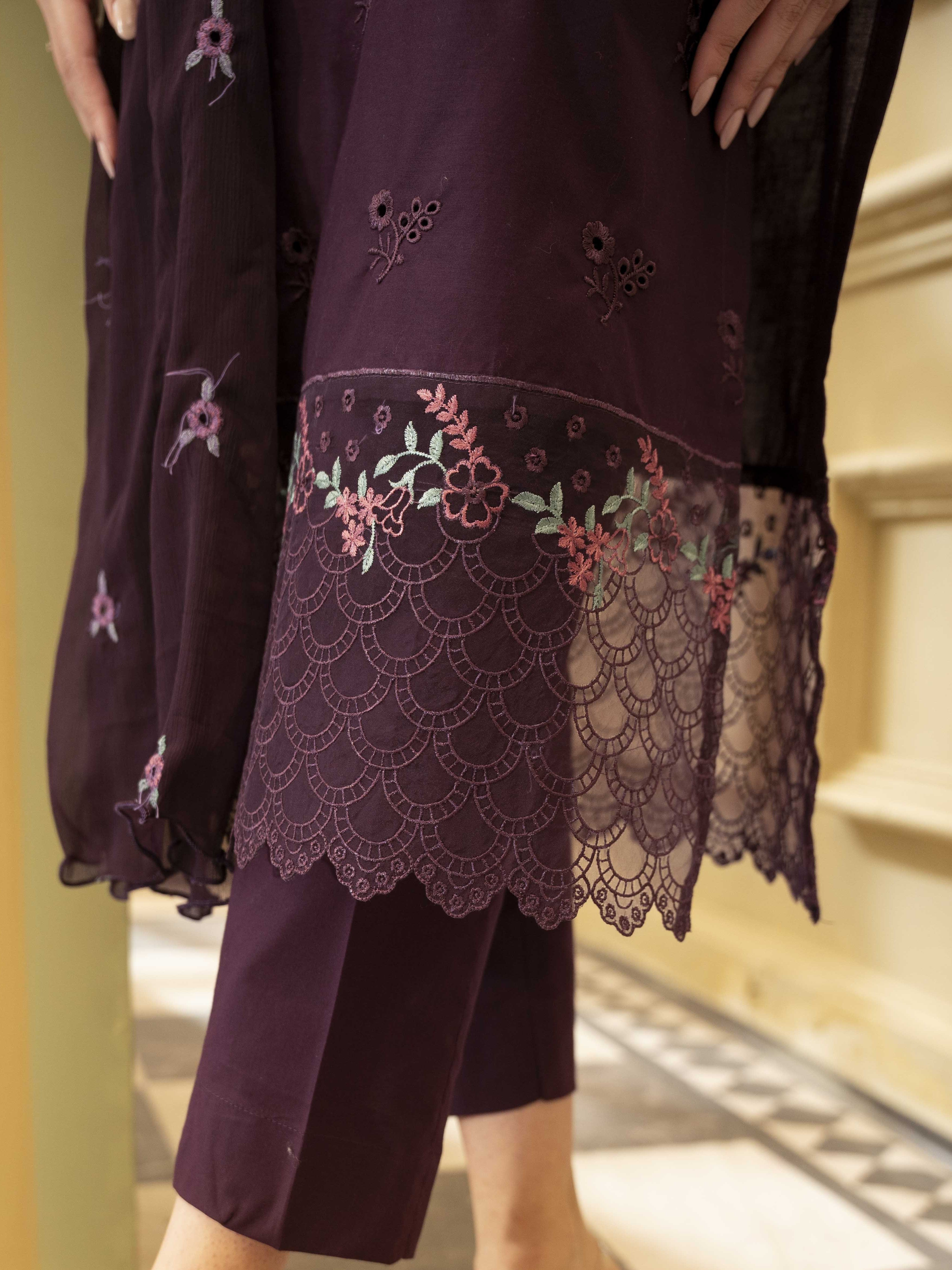 Plum Embroidered Lawn 3pc Suit