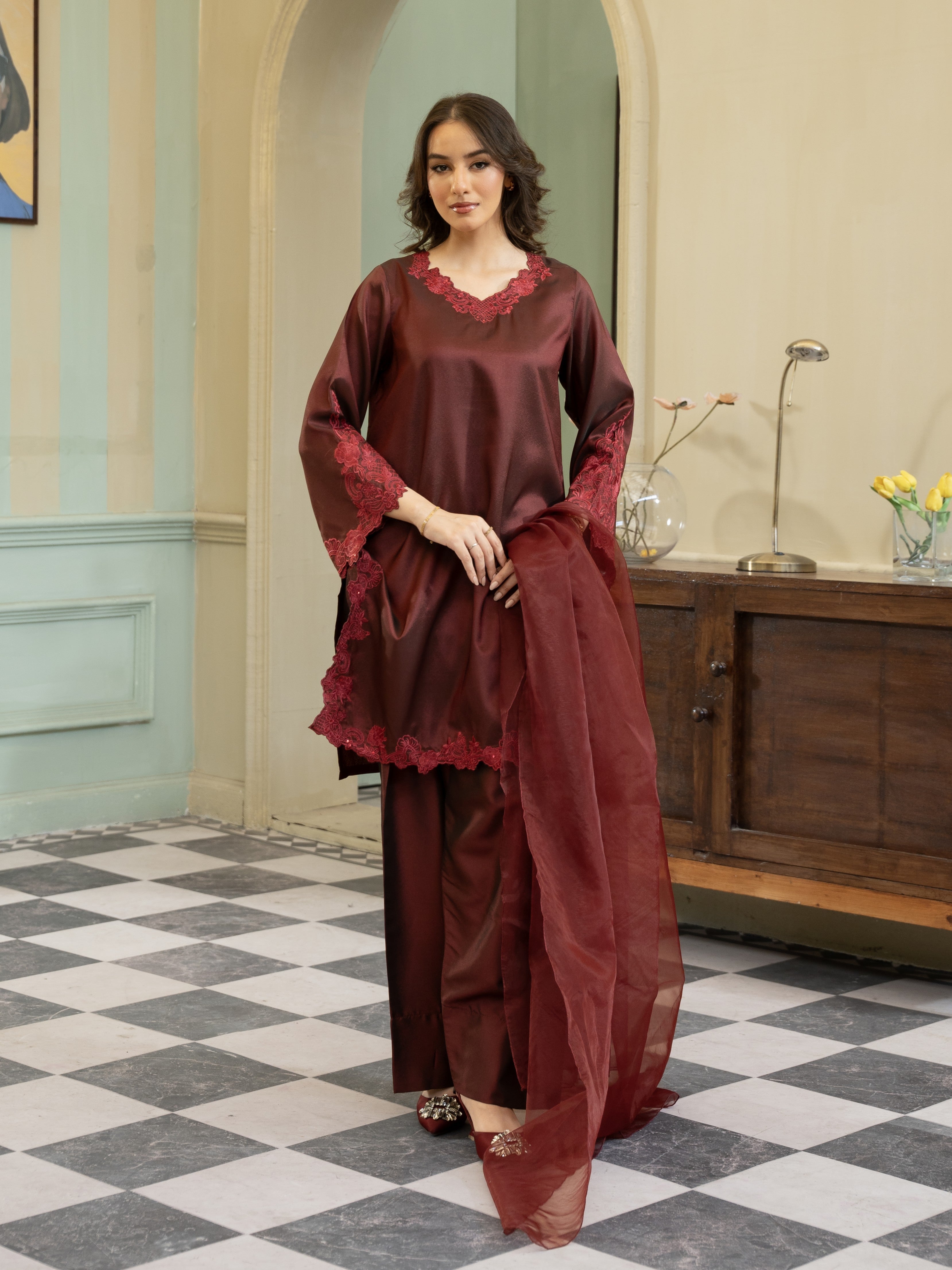 Silk Farshi Shalwar 3pc Suit-Maroon