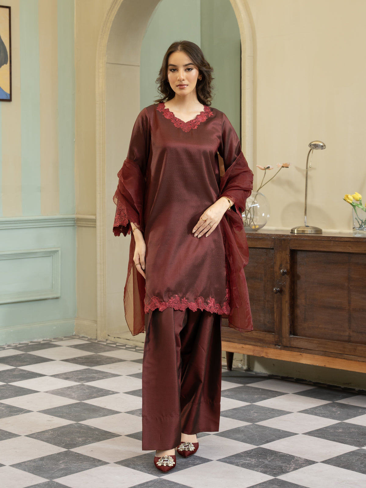 Silk Farshi Shalwar 3pc Suit-Maroon