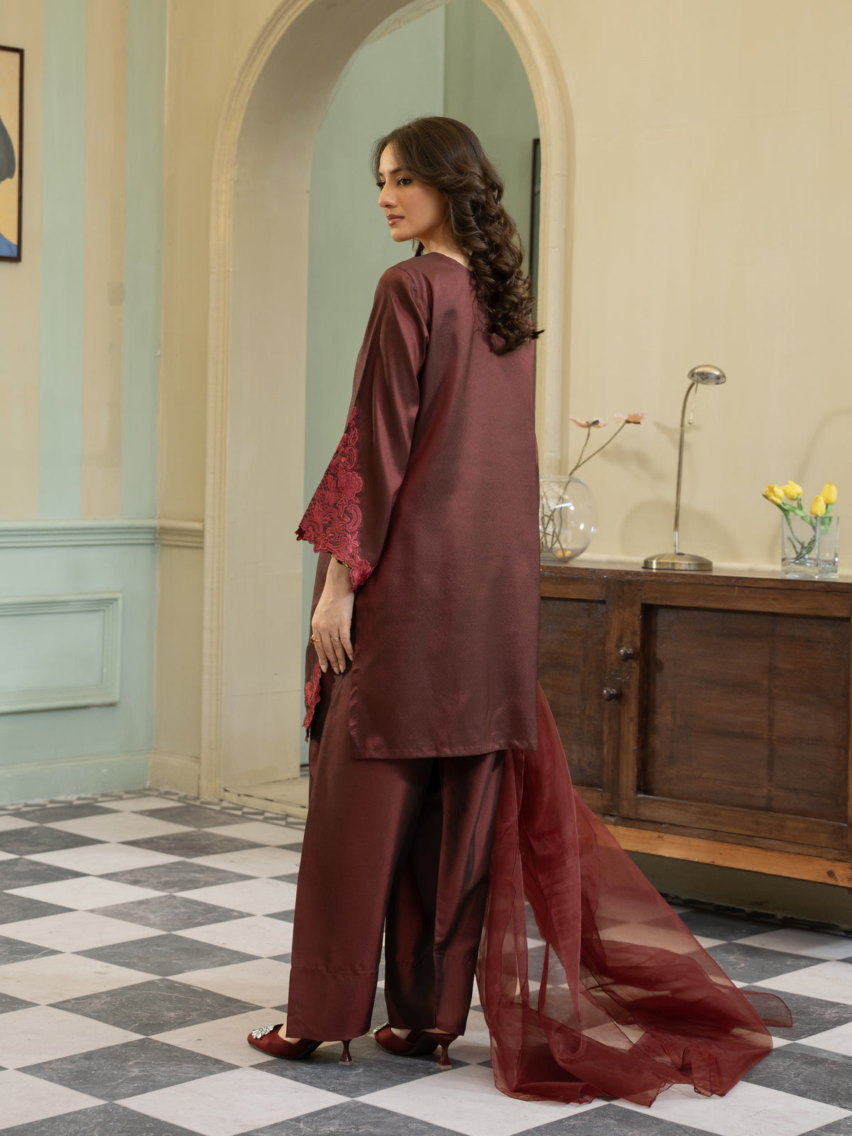 Silk Farshi Shalwar 3pc Suit-Maroon