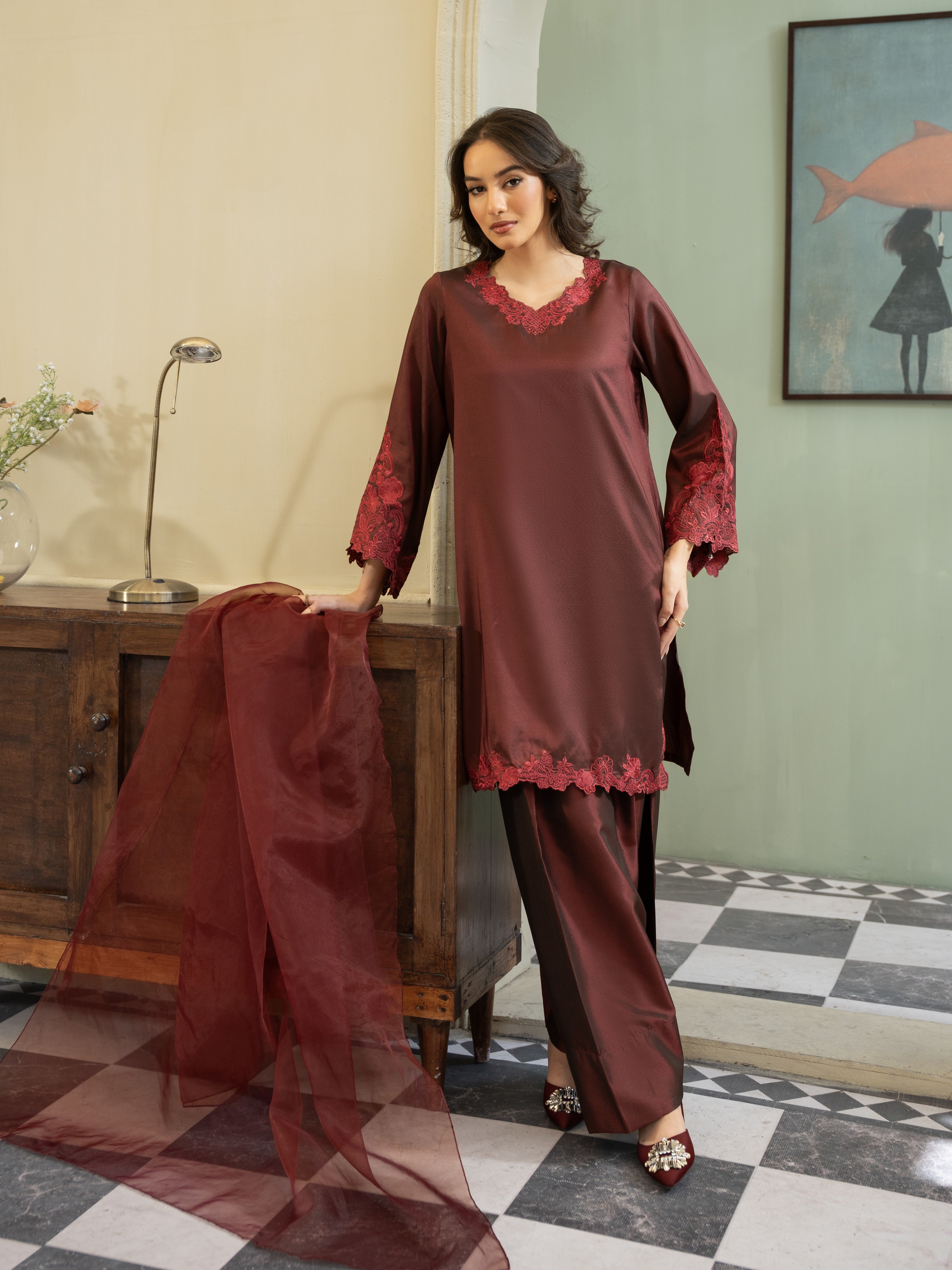 Silk Farshi Shalwar 3pc Suit-Maroon