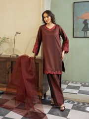 Silk Farshi Shalwar 3pc Suit-Maroon