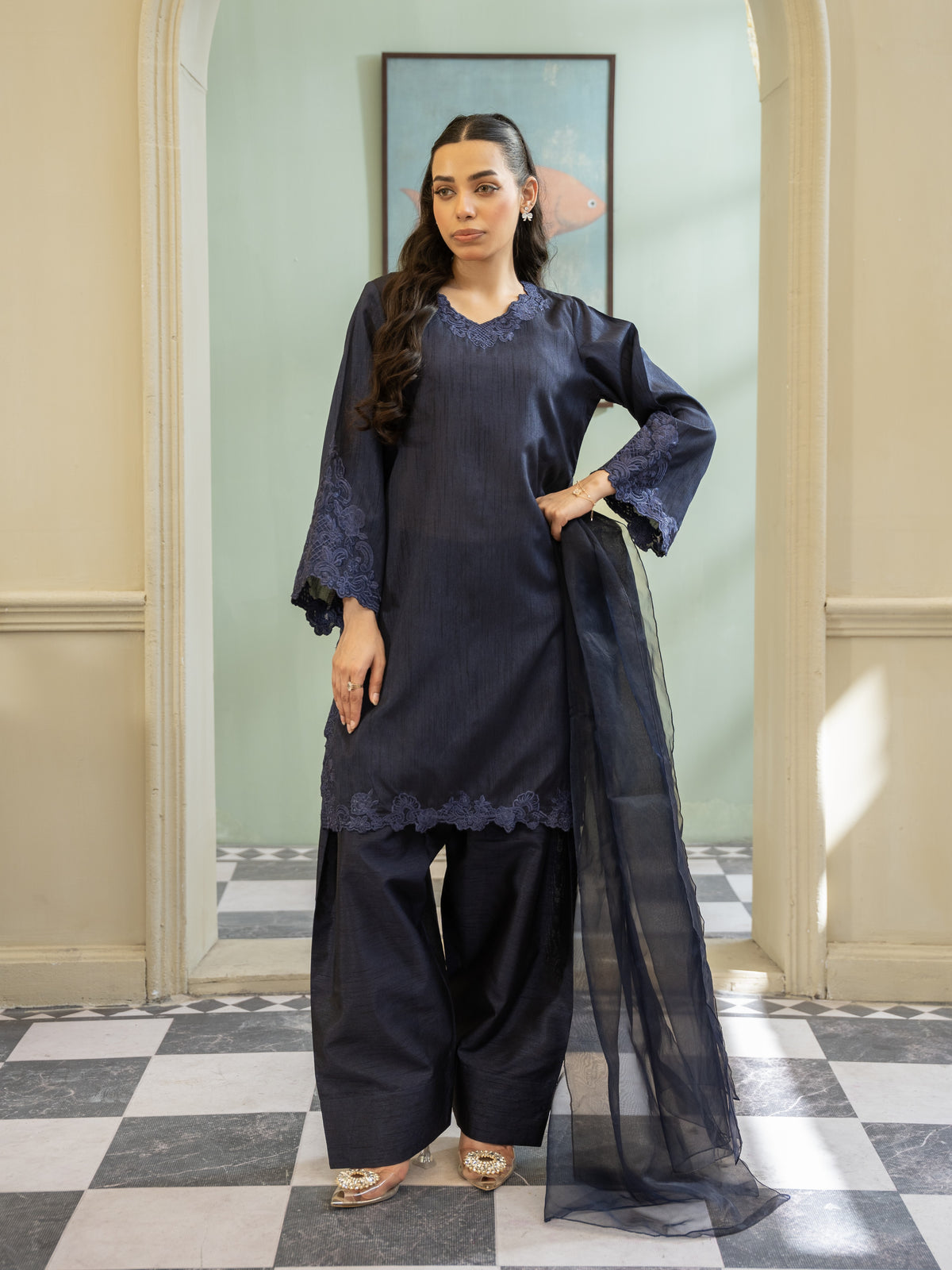 Silk Farshi Shalwar 3pc Suit-Navy Blue