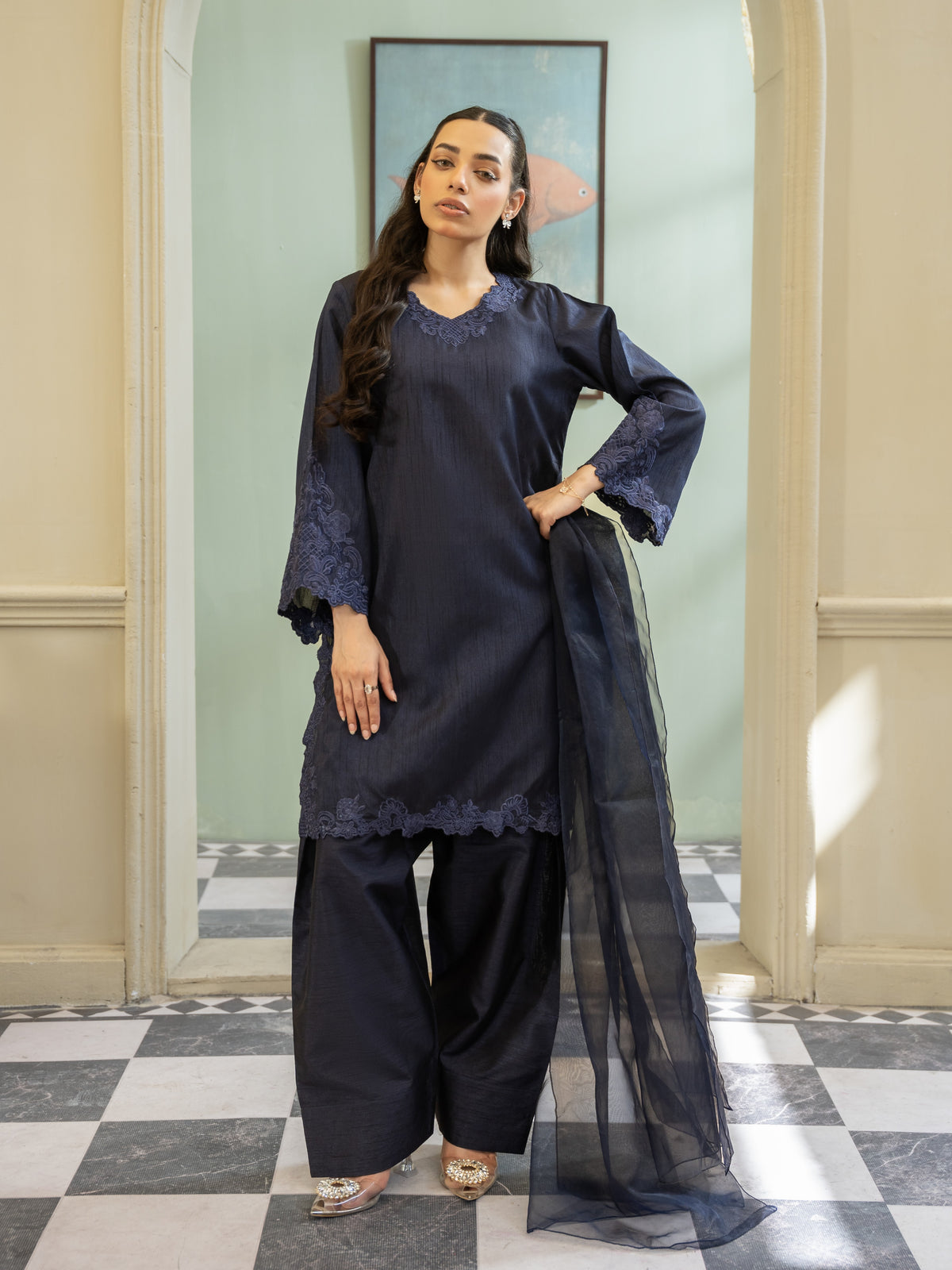 Silk Farshi Shalwar 3pc Suit-Navy Blue