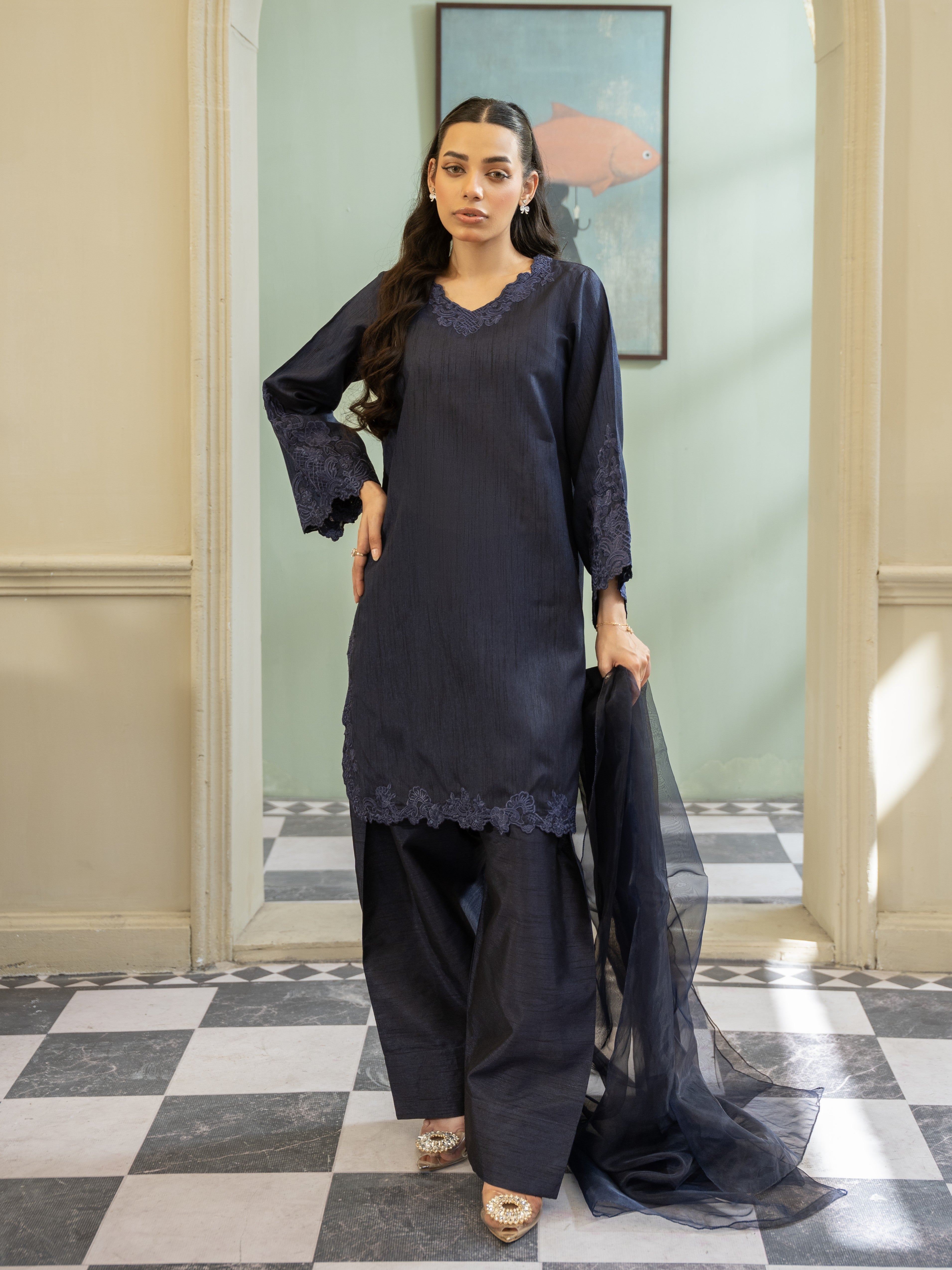 Silk Farshi Shalwar 3pc Suit-Navy Blue