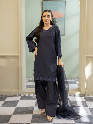 Silk Farshi Shalwar 3pc Suit-Navy Blue