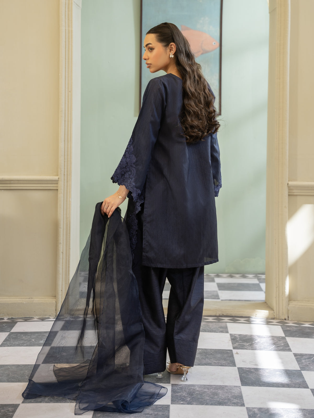 Silk Farshi Shalwar 3pc Suit-Navy Blue