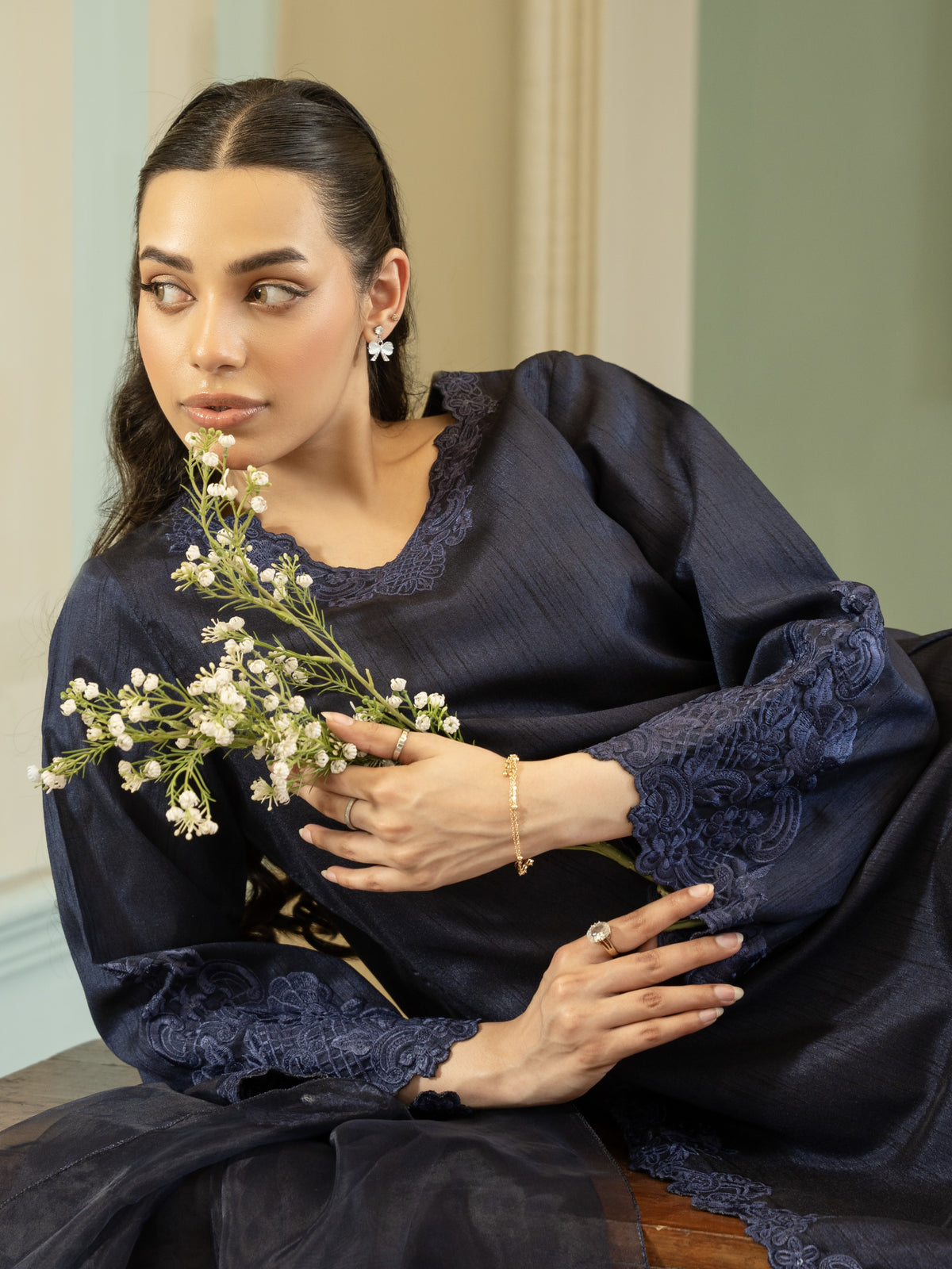 Silk Farshi Shalwar 3pc Suit-Navy Blue