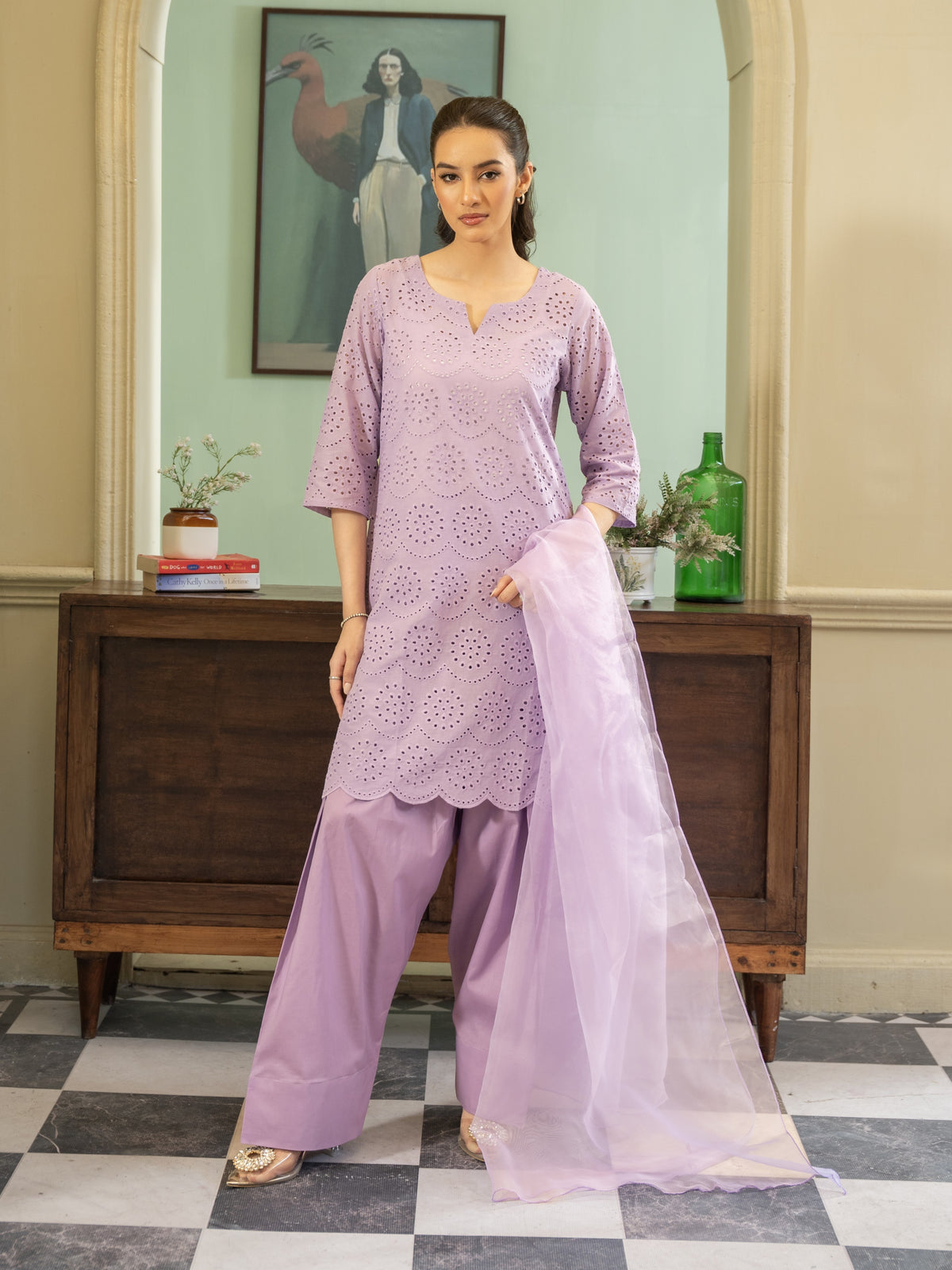 Chikankari Farshi Shalwar 3pc Suit-Lilac