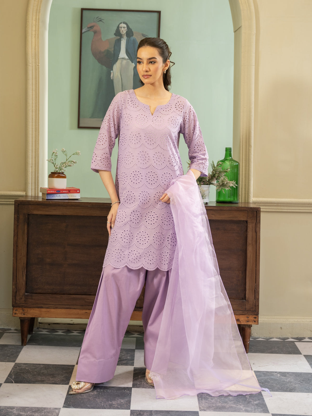 Chikankari Farshi Shalwar 3pc Suit-Lilac