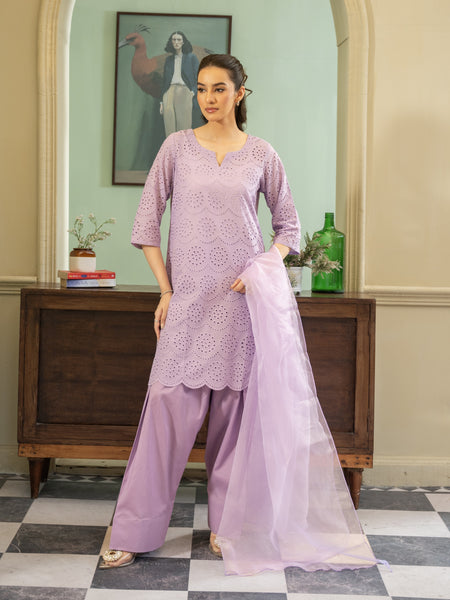 Chikankari Farshi Shalwar 3pc Suit-Lilac