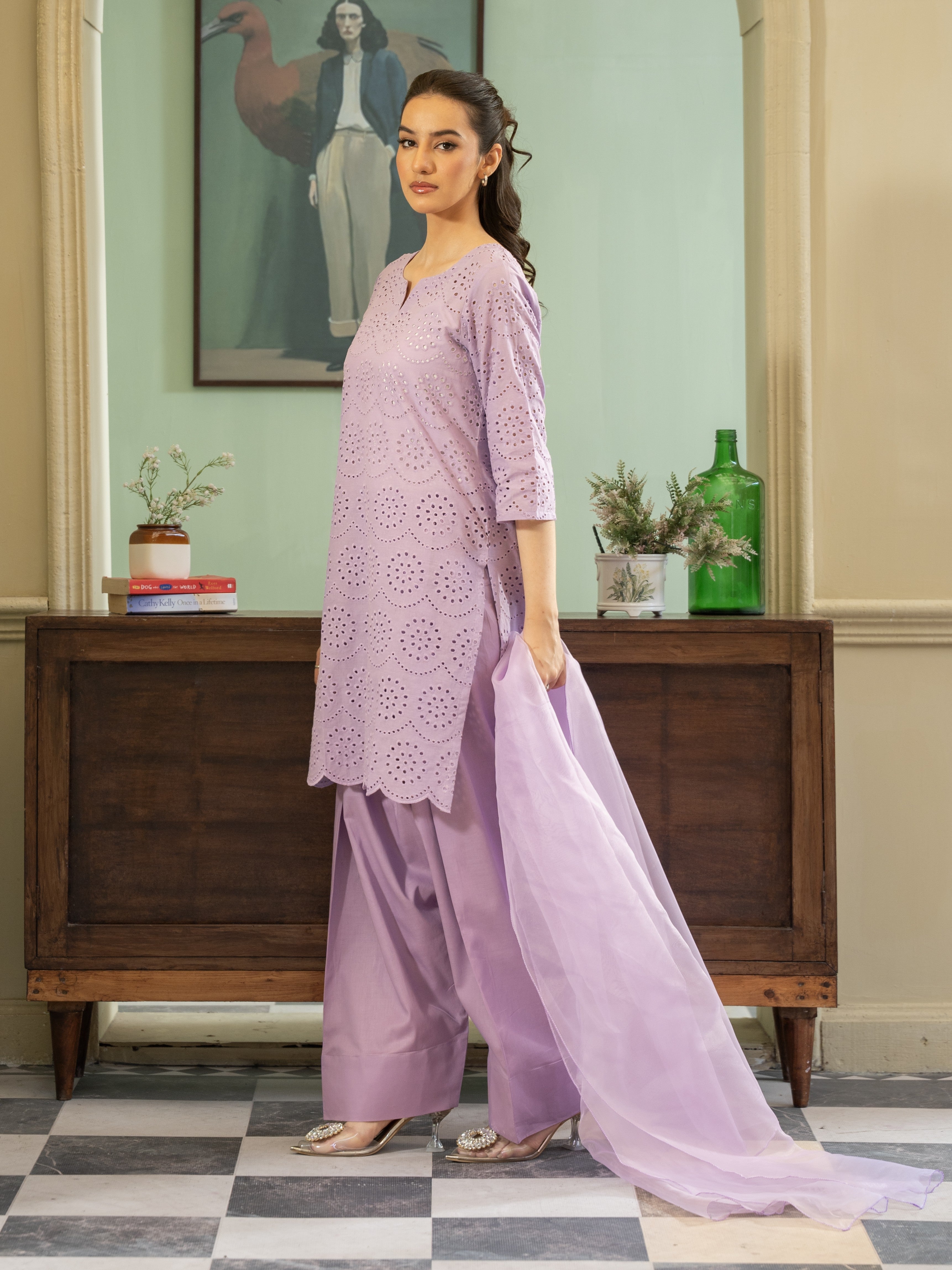 Chikankari Farshi Shalwar 3pc Suit-Lilac