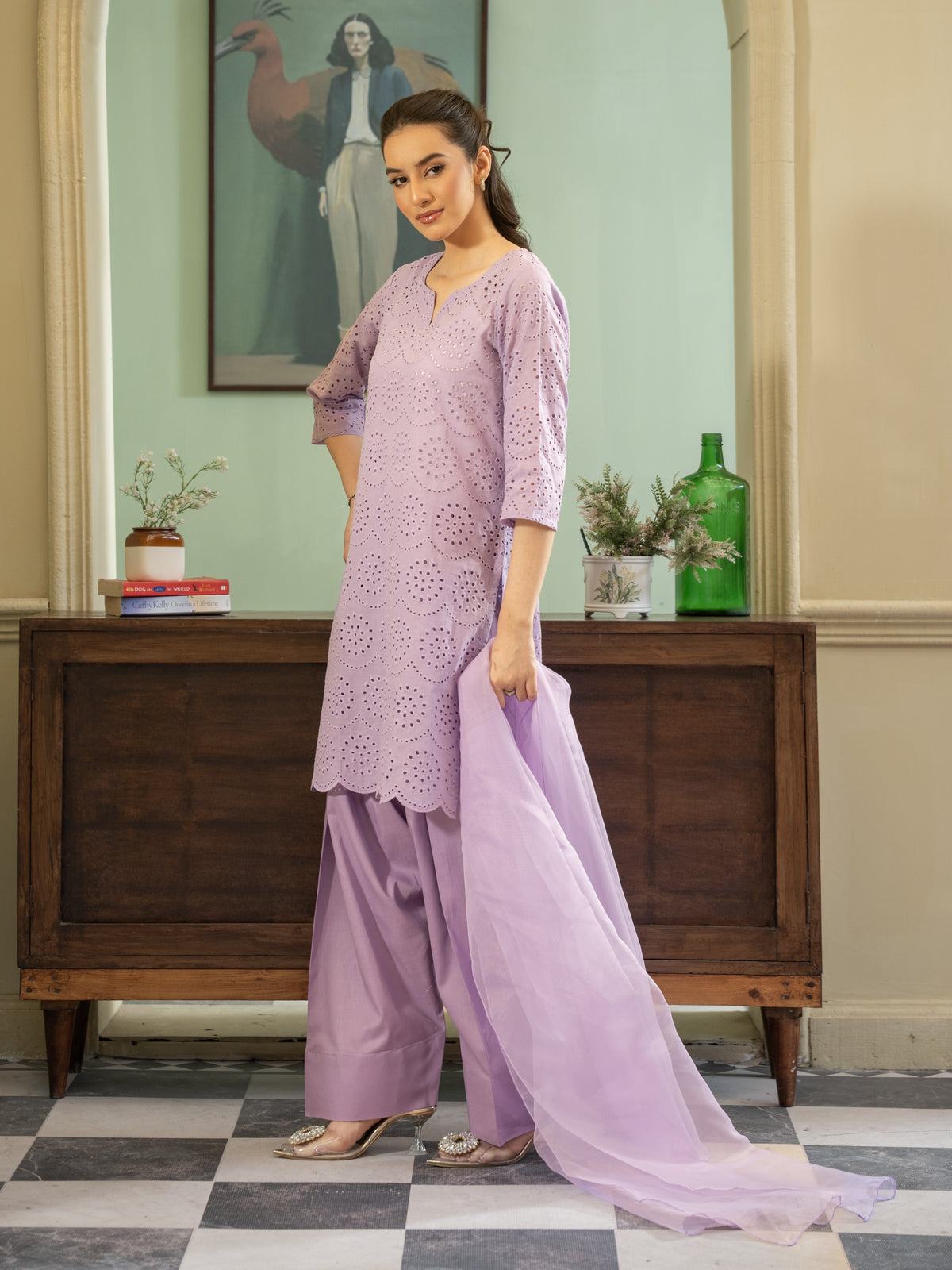 Chikankari Farshi Shalwar 3pc Suit-Lilac