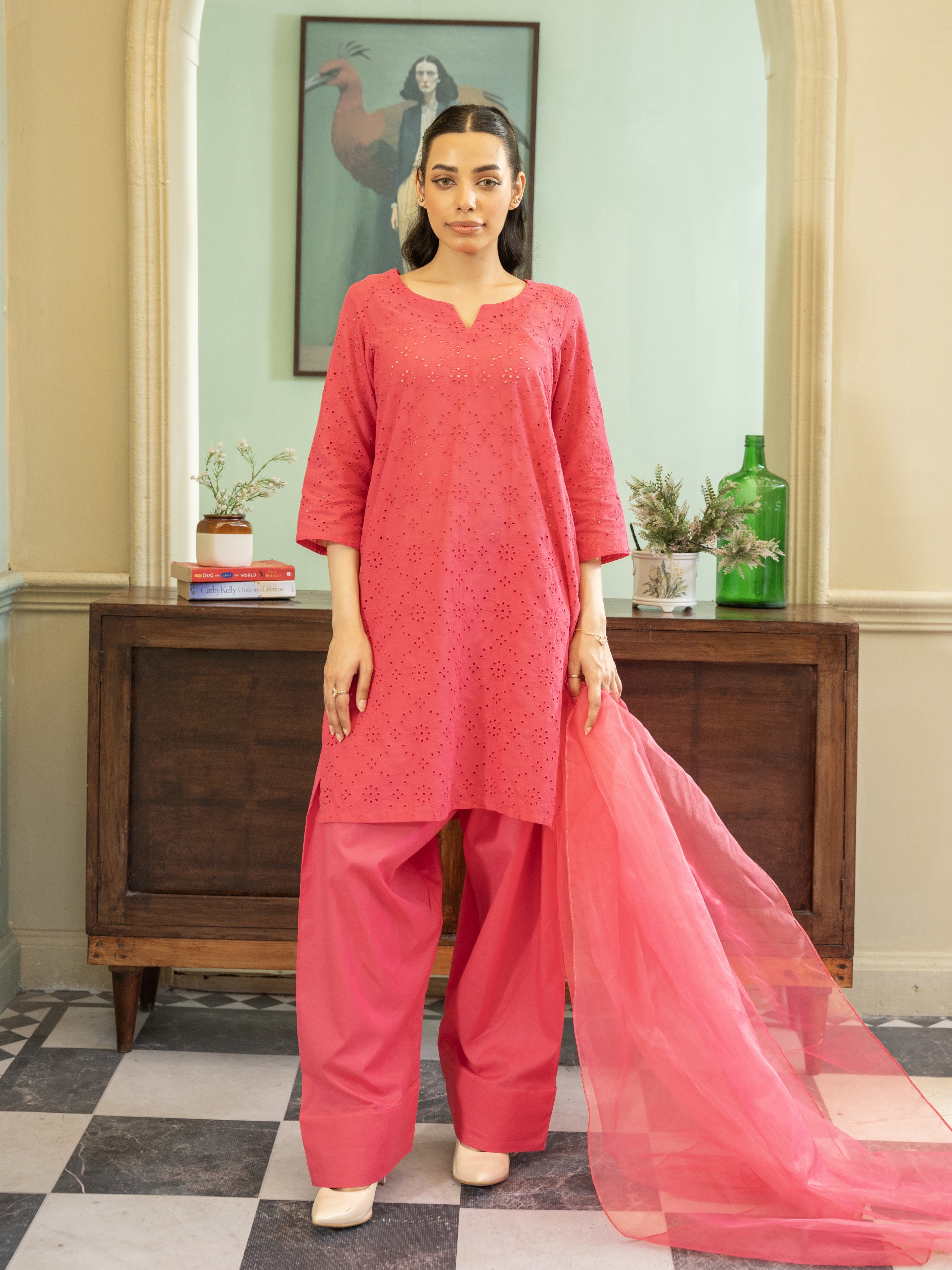 Chikankari Farshi Shalwar 3pc Suit-Pink