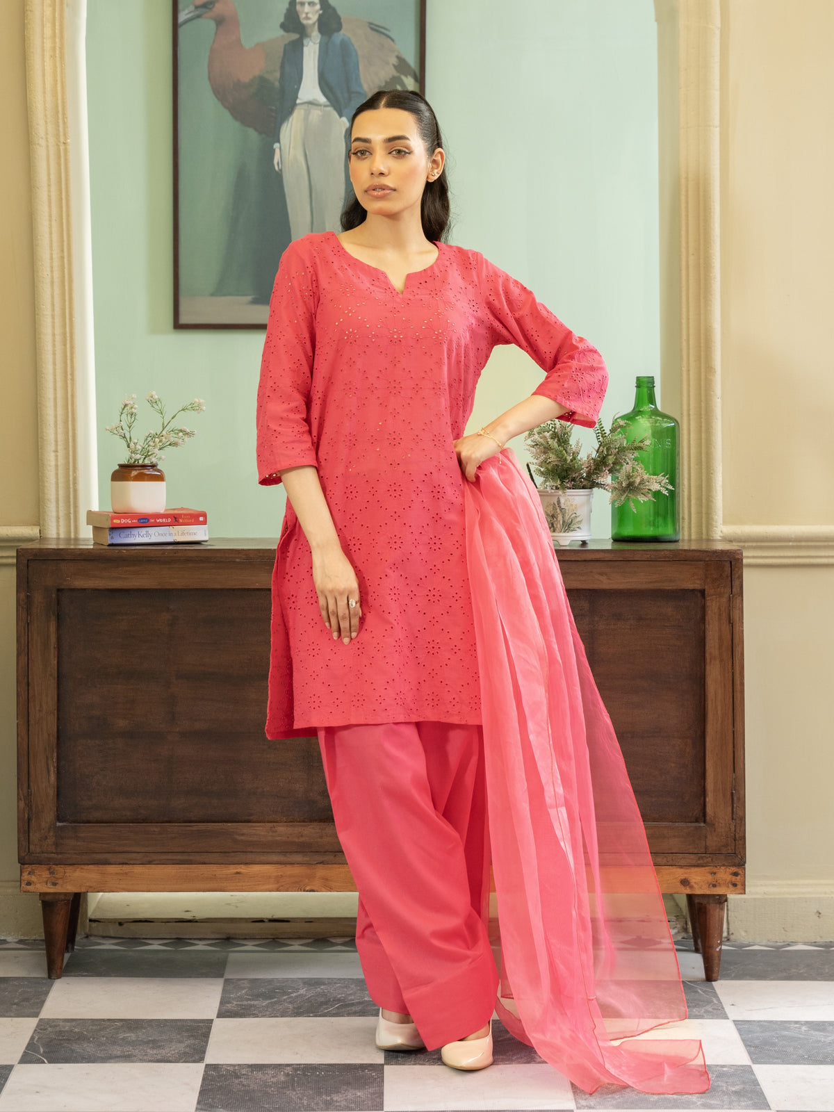 Chikankari Farshi Shalwar 3pc Suit-Pink