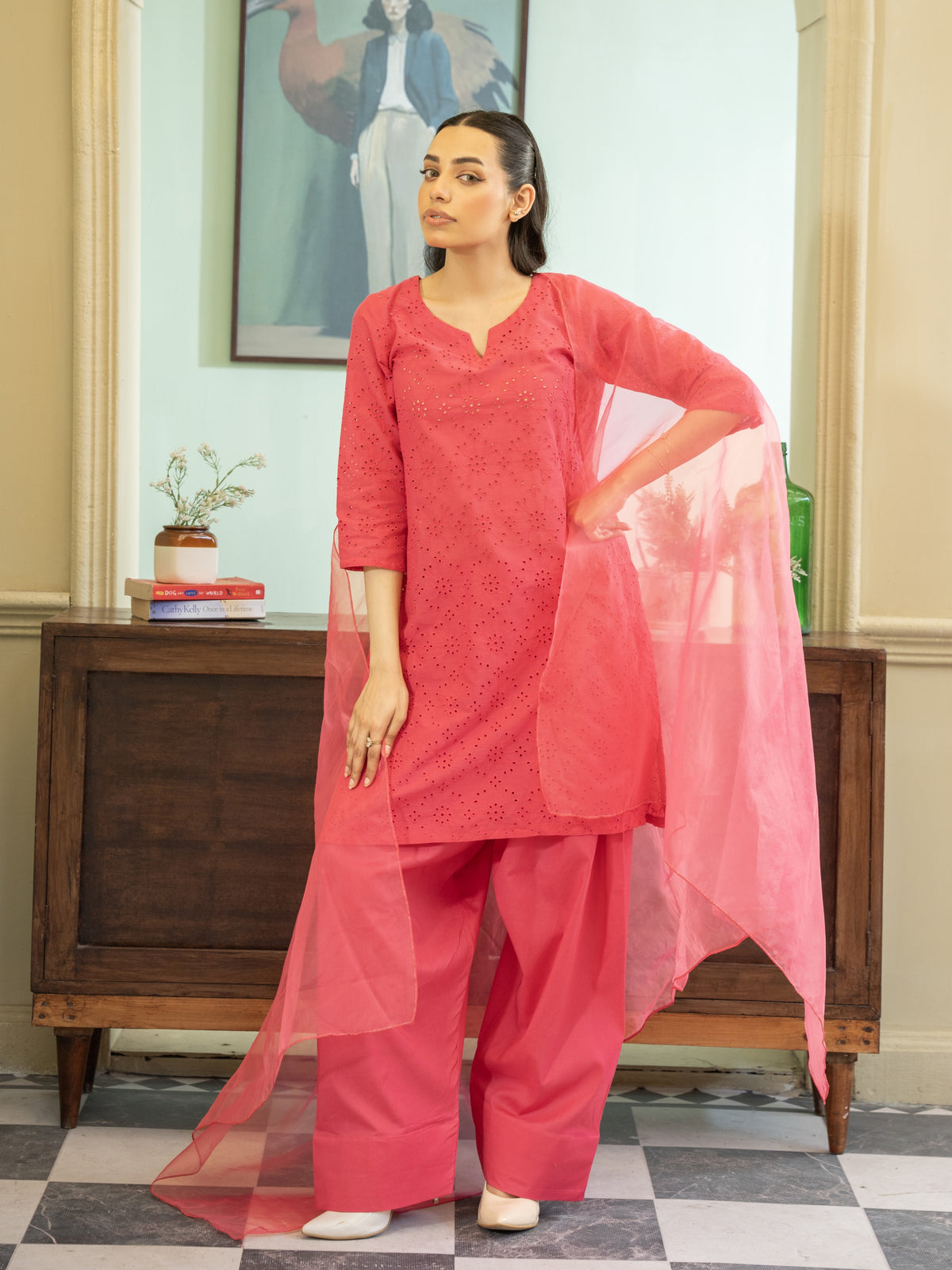 Chikankari Farshi Shalwar 3pc Suit-Pink
