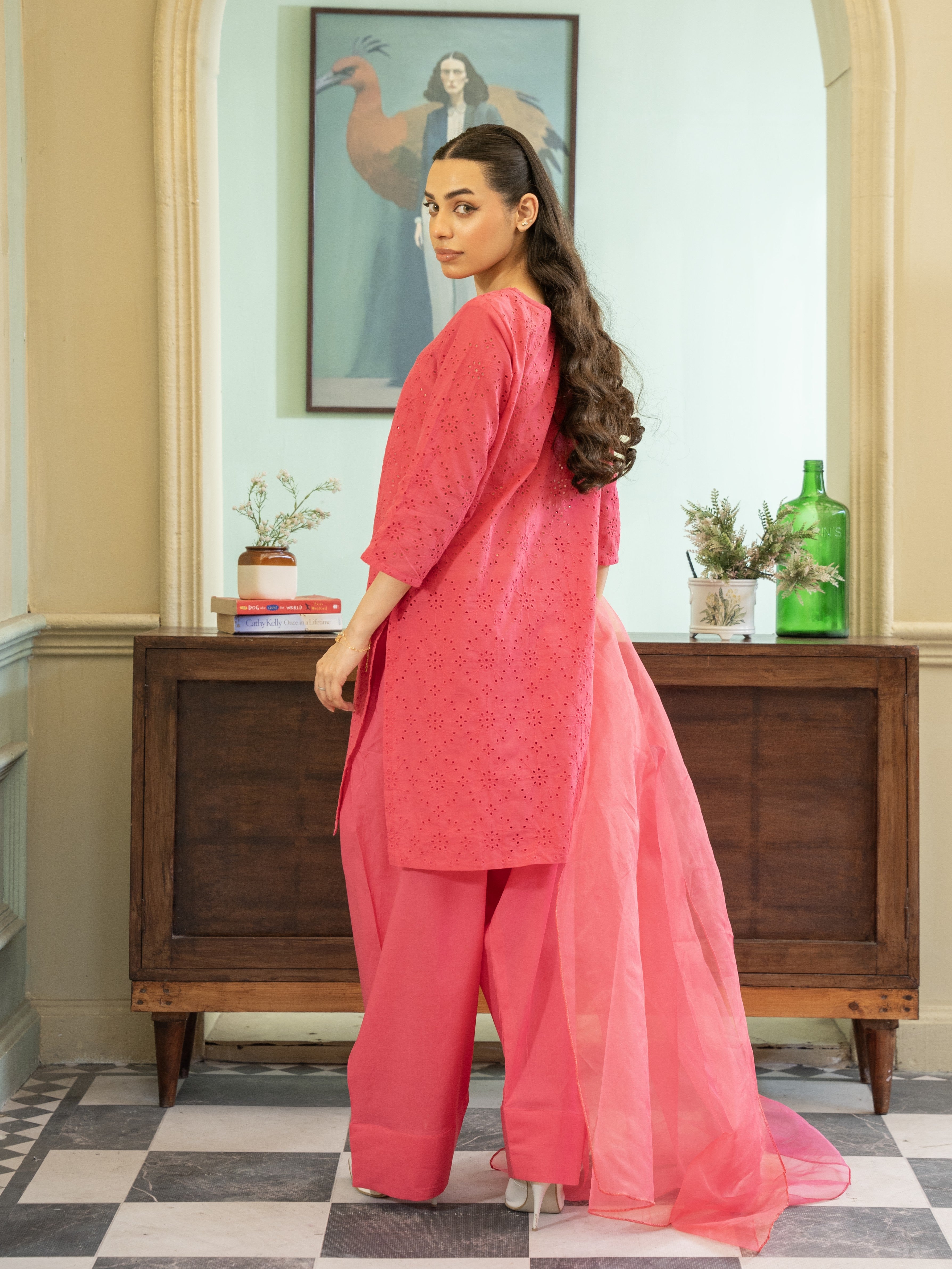 Chikankari Farshi Shalwar 3pc Suit-Pink