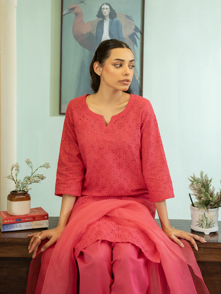 Chikankari Farshi Shalwar 3pc Suit-Pink