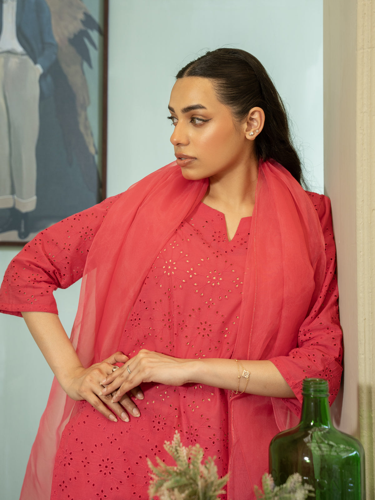 Chikankari Farshi Shalwar 3pc Suit-Pink