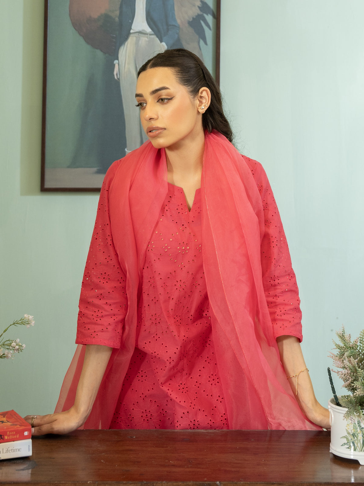 Chikankari Farshi Shalwar 3pc Suit-Pink