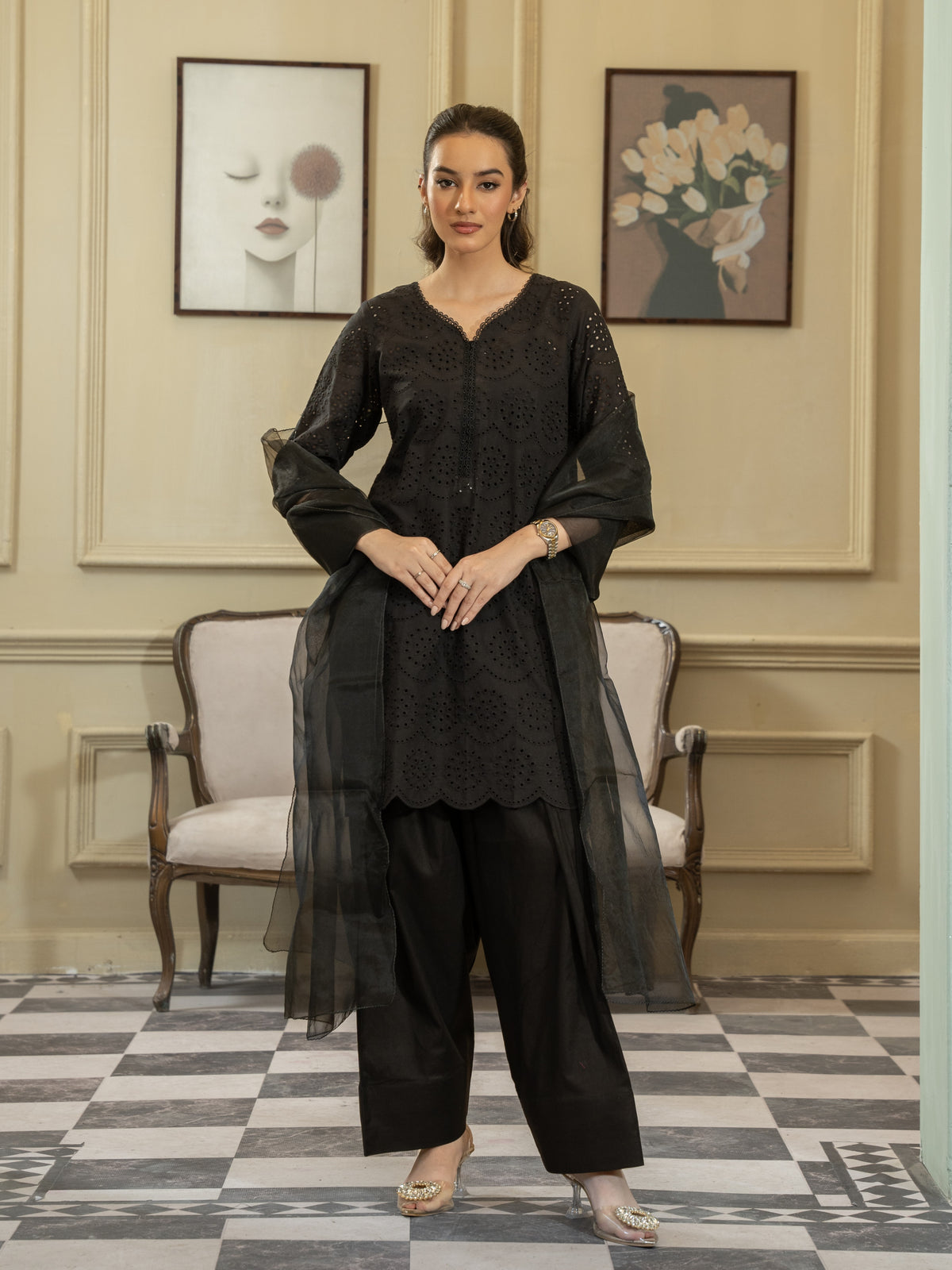 Chikankari Farshi Shalwar 3pc Suit-Black