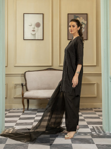 Chikankari Farshi Shalwar 3pc Suit-Black