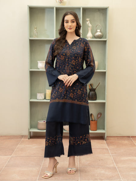 Hand Embroidered Pashmina Wool Coord Set- Navy Blue