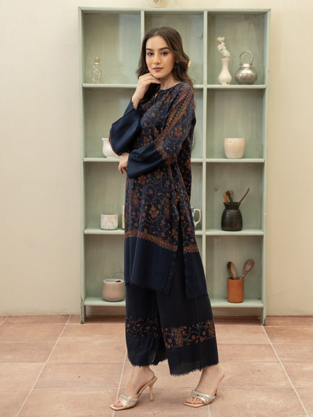Hand Embroidered Pashmina Wool Coord Set- Navy Blue
