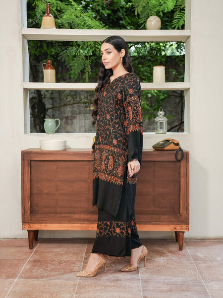 Hand Embroidered Pashmina Wool Coord Set- Black