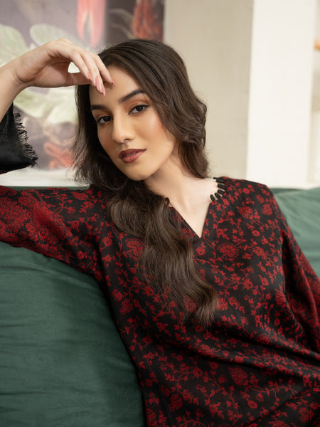 Kaani Style Pashmina Wool Coord Set- Blackish Maroon