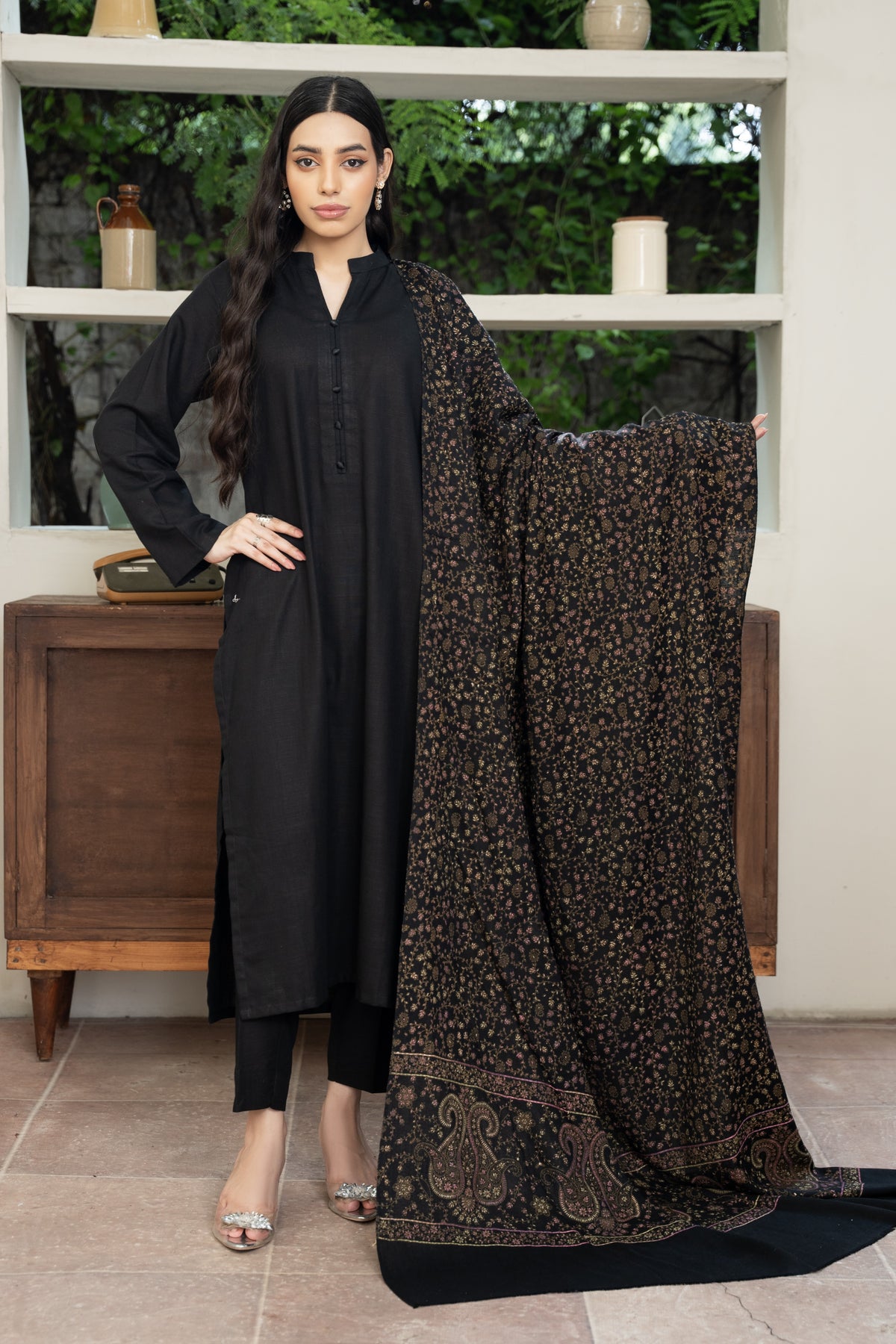 Black Full Hand Embroidered Pashmina Shawl