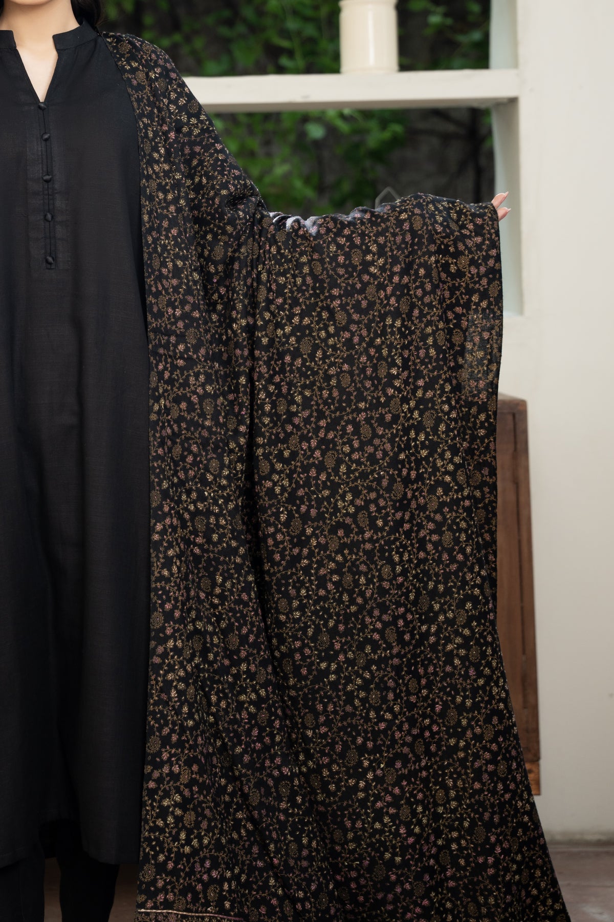 Black Full Hand Embroidered Pashmina Shawl