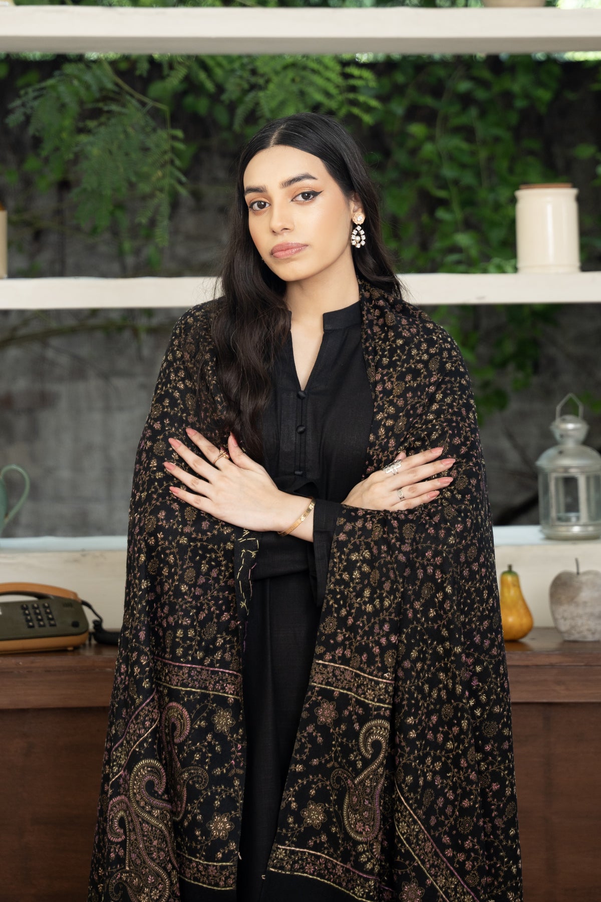 Black Full Hand Embroidered Pashmina Shawl